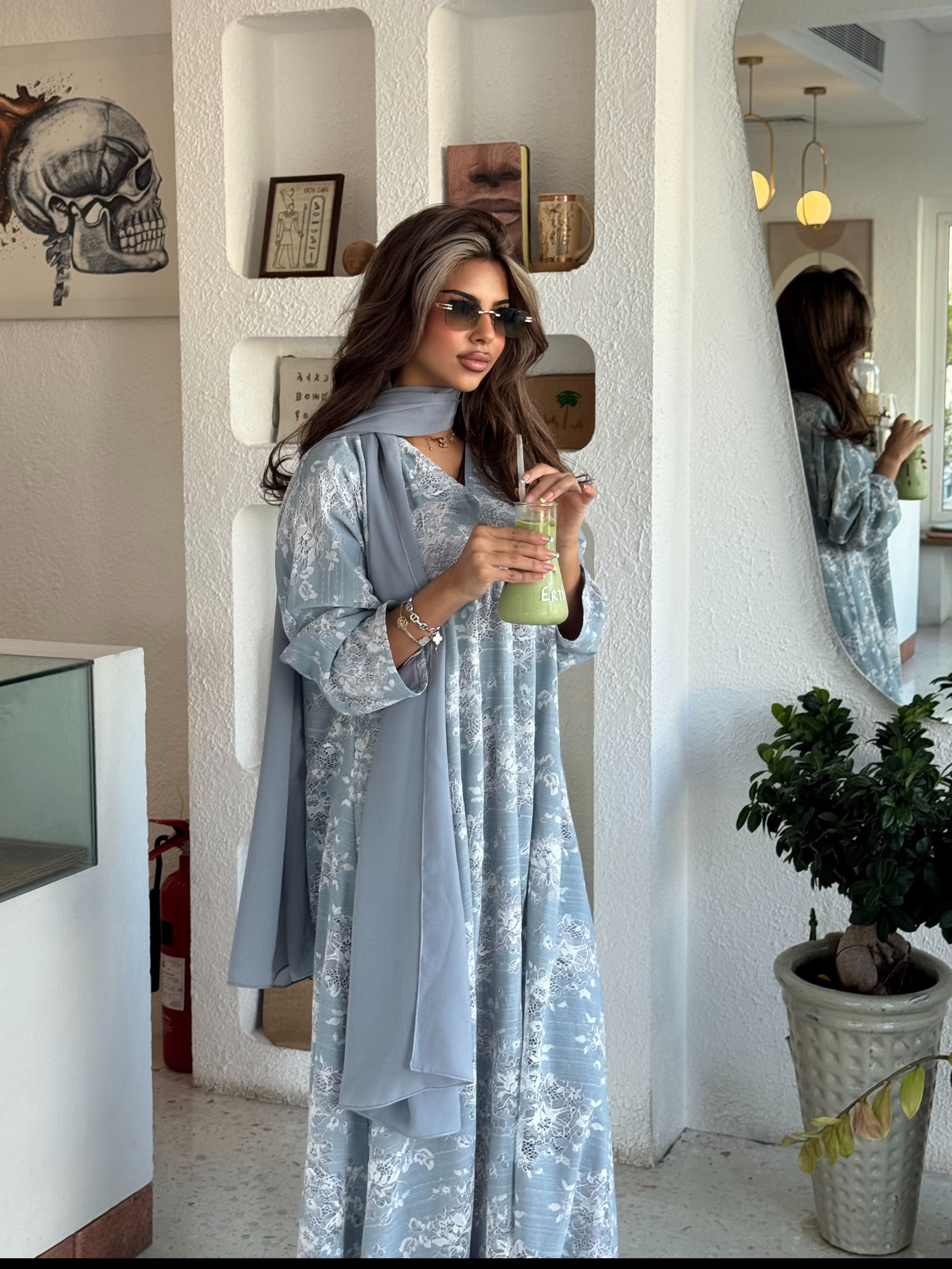 FAB301- White and Blue Lace and Linen Summer A-Cut Abaya