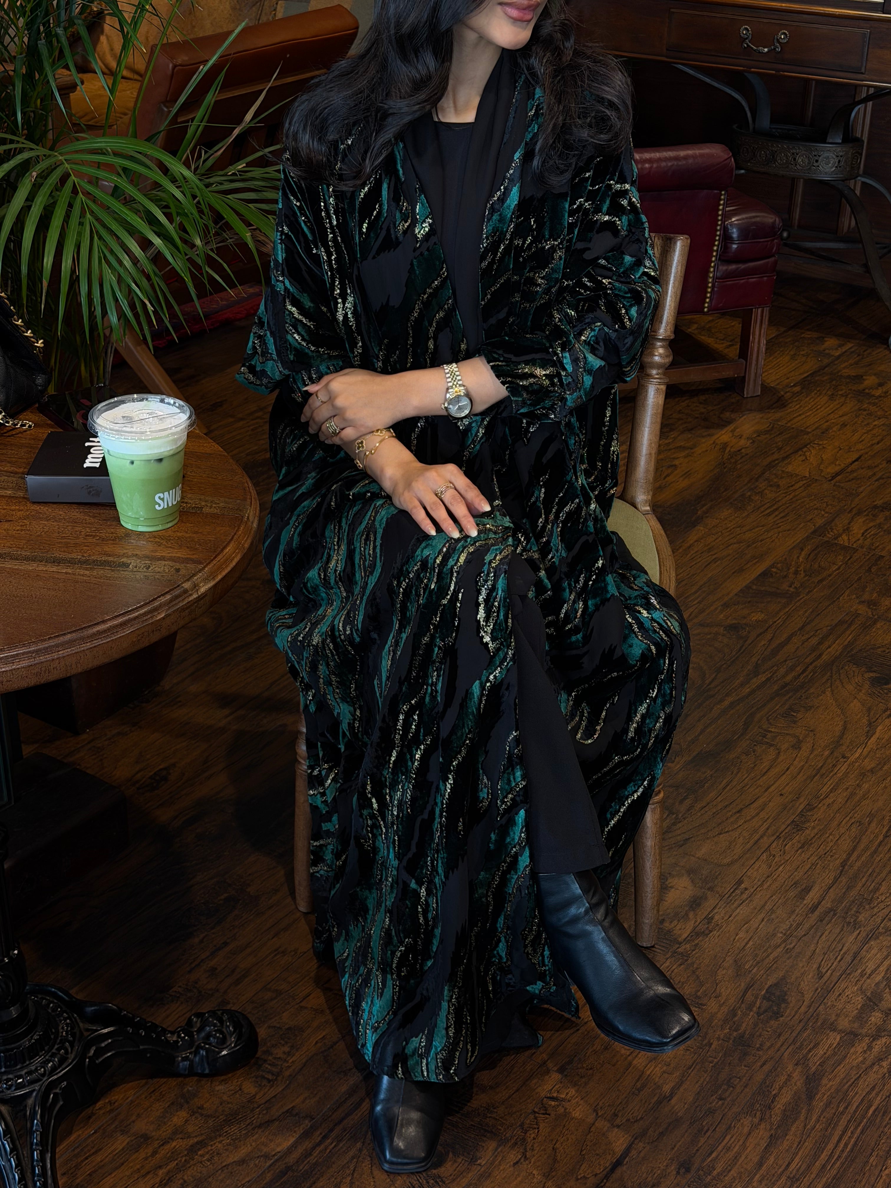 FAB351-Green and Black Chiffon Half Bisht-Cut Abaya with Velvet Shimmer Print and Black Headscarf