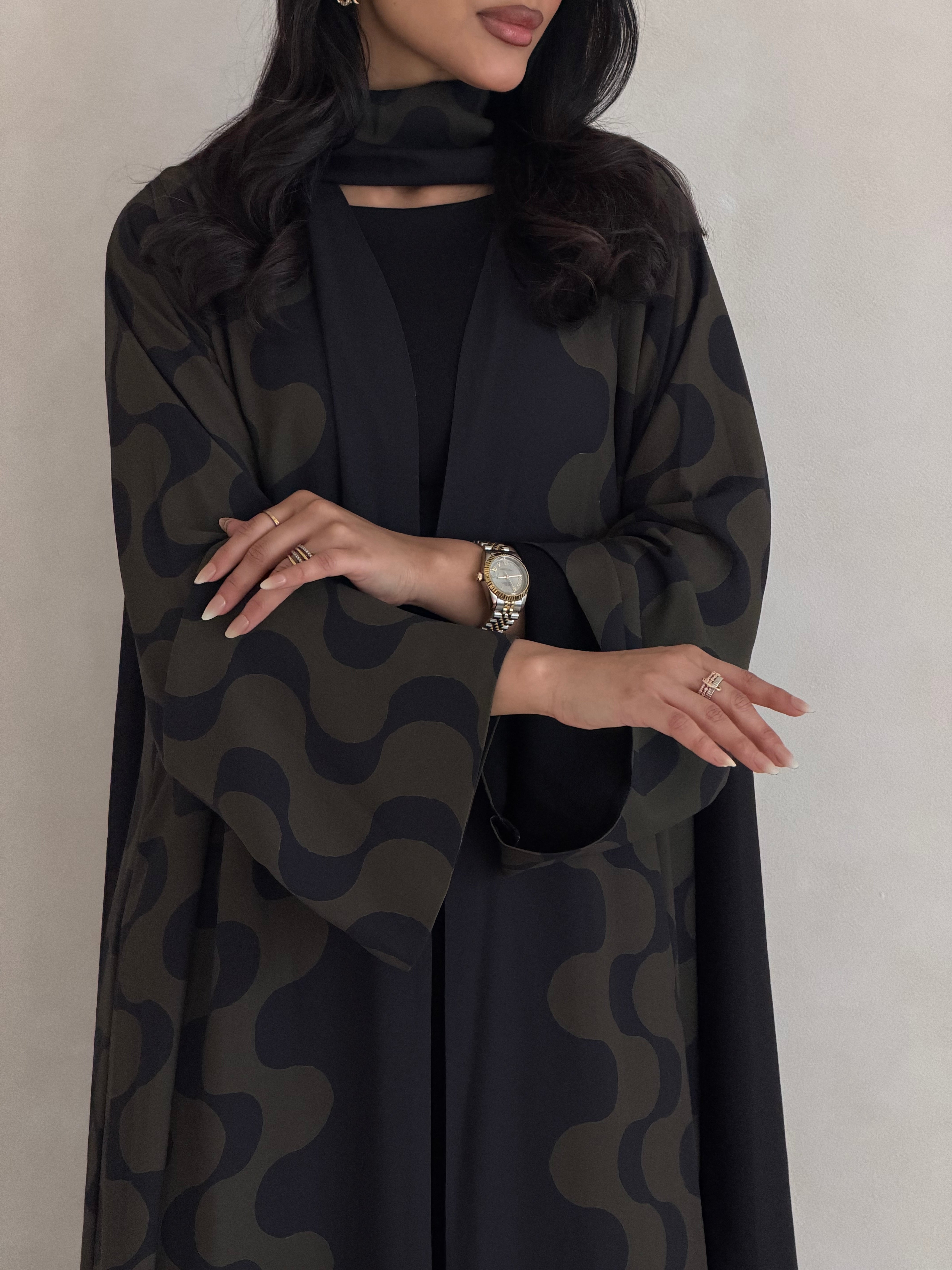 FAB343- Dark Olive and Black Waves Printed Straight-Cut Abaya and matching headscarf