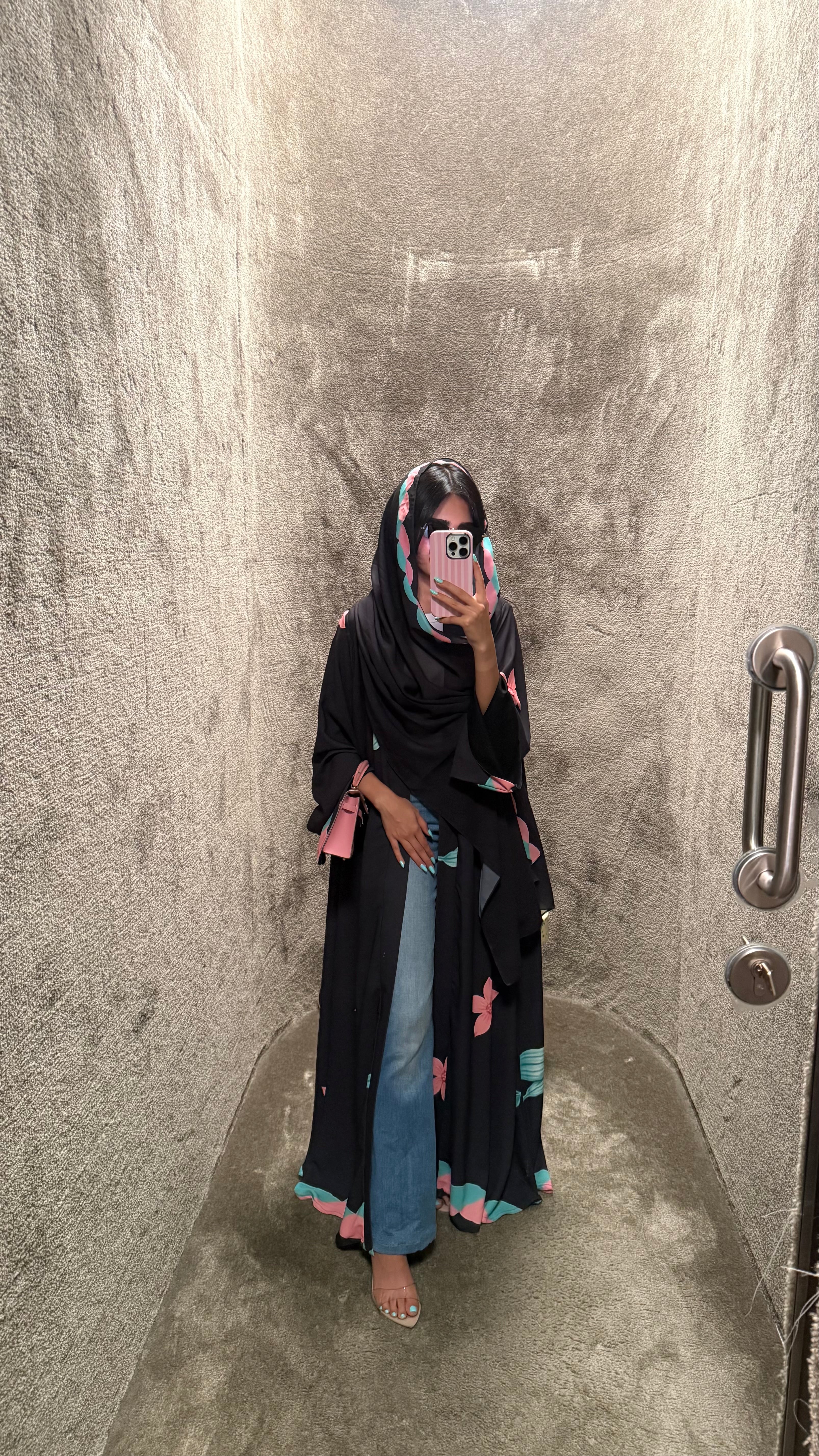 FAB324-Black Pink and Green Floral Print abaya and headscarf- Straight Cut