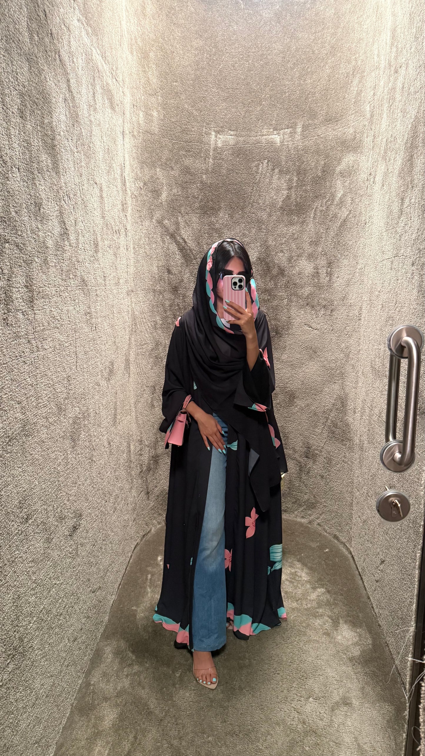 FAB324-Black Pink and Green Floral Print abaya and headscarf- Straight Cut