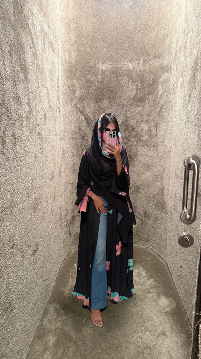 FAB324-Black Pink and Green Floral Print abaya and headscarf- Straight Cut