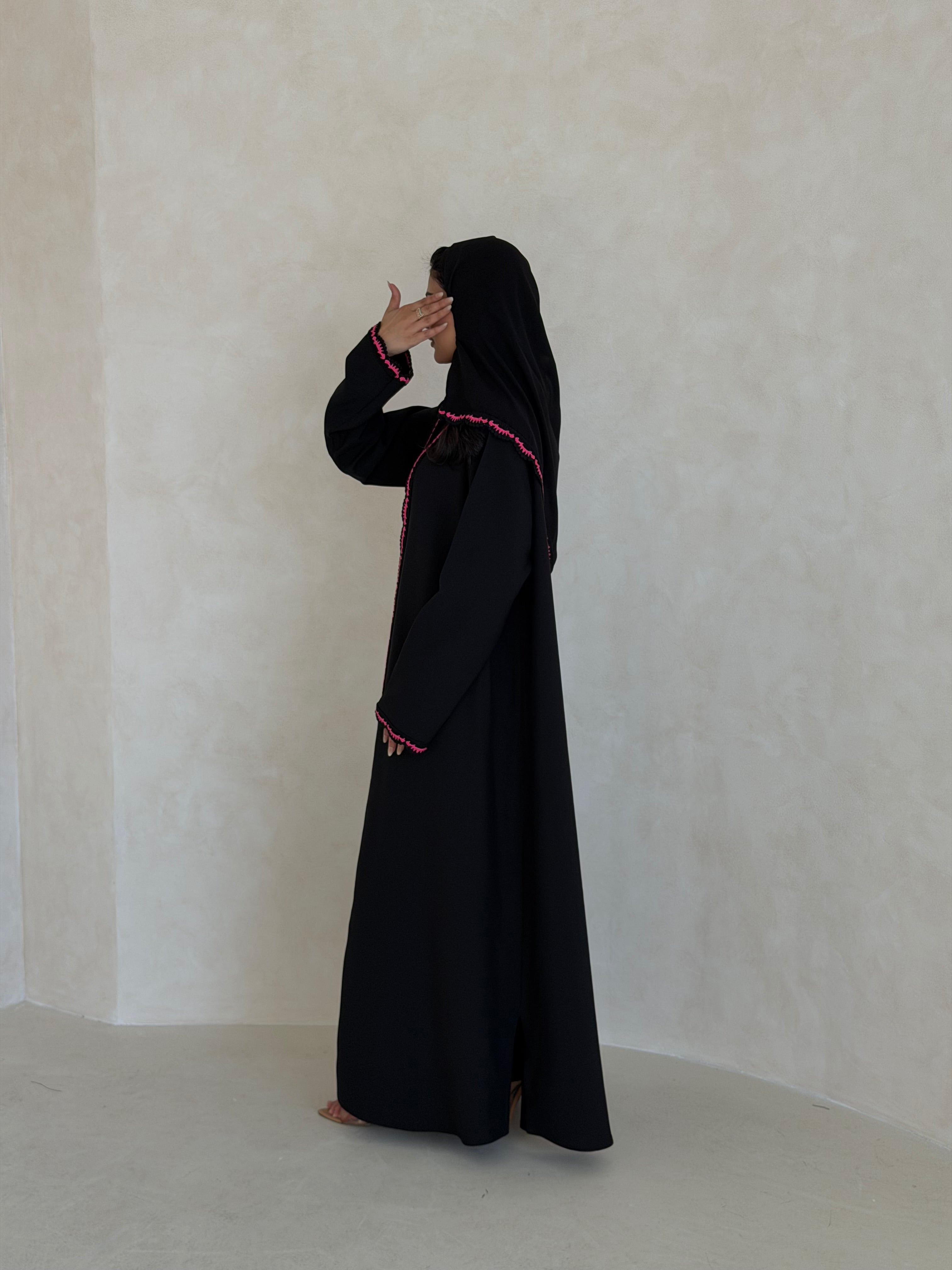 FAB346- Pink Crochet Black Crepe Klosh-Cut Abaya with Headscarf