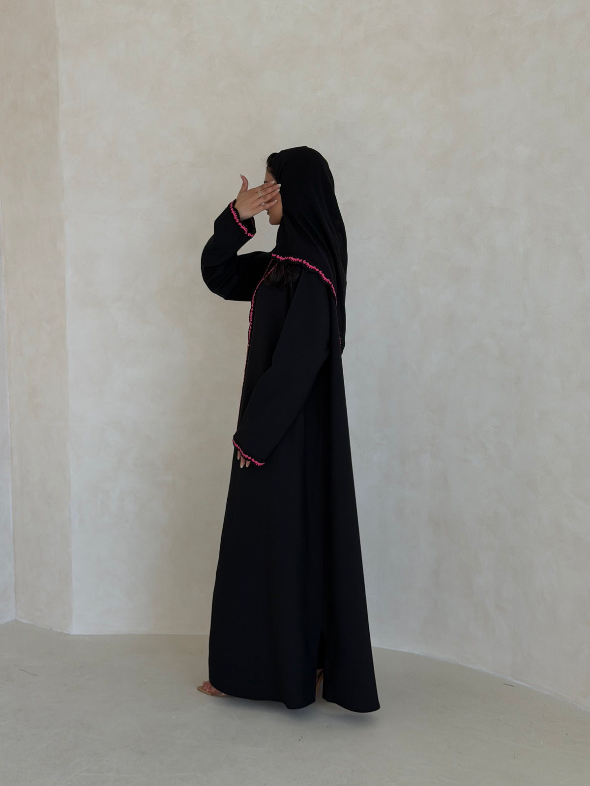 FAB346- Pink Crochet Black Crepe Klosh-Cut Abaya with Headscarf