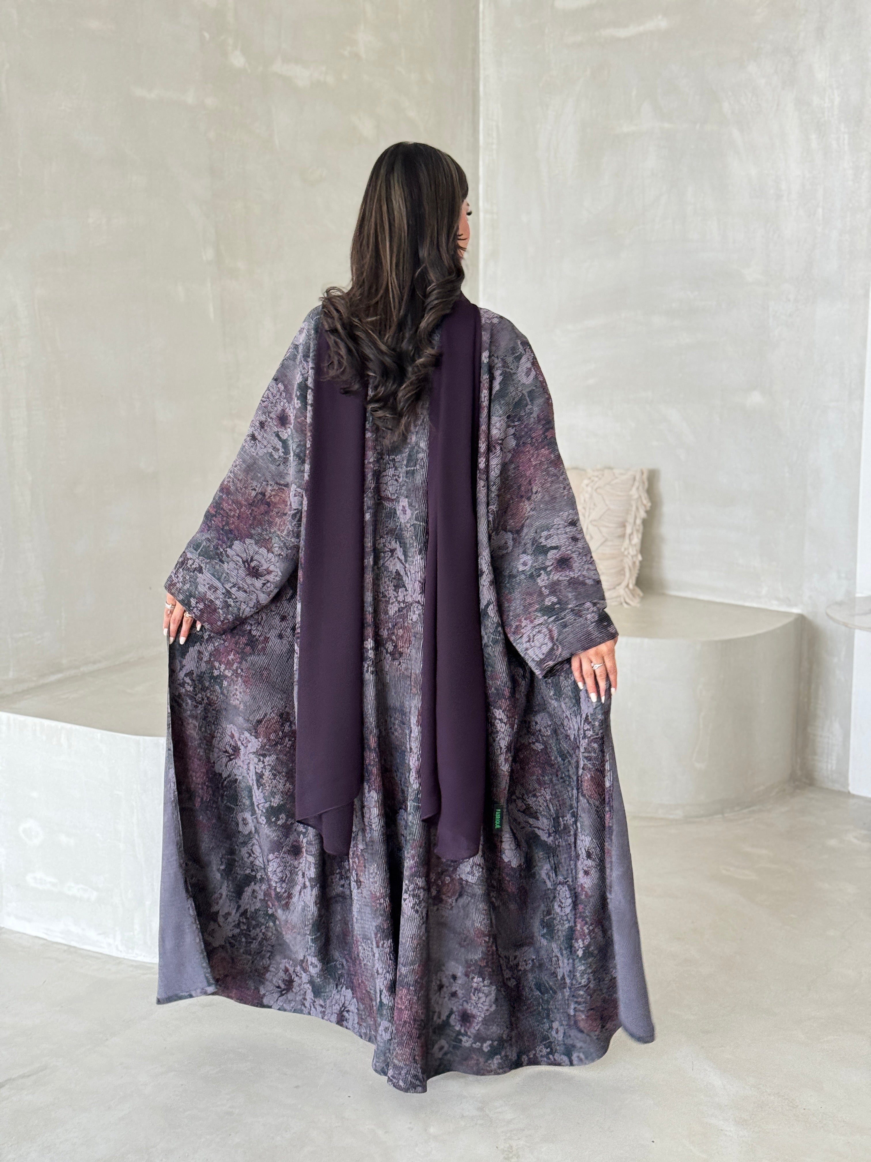 FAB199-Grey Pleats Half-Bisht Summer Abaya with matching headscarf