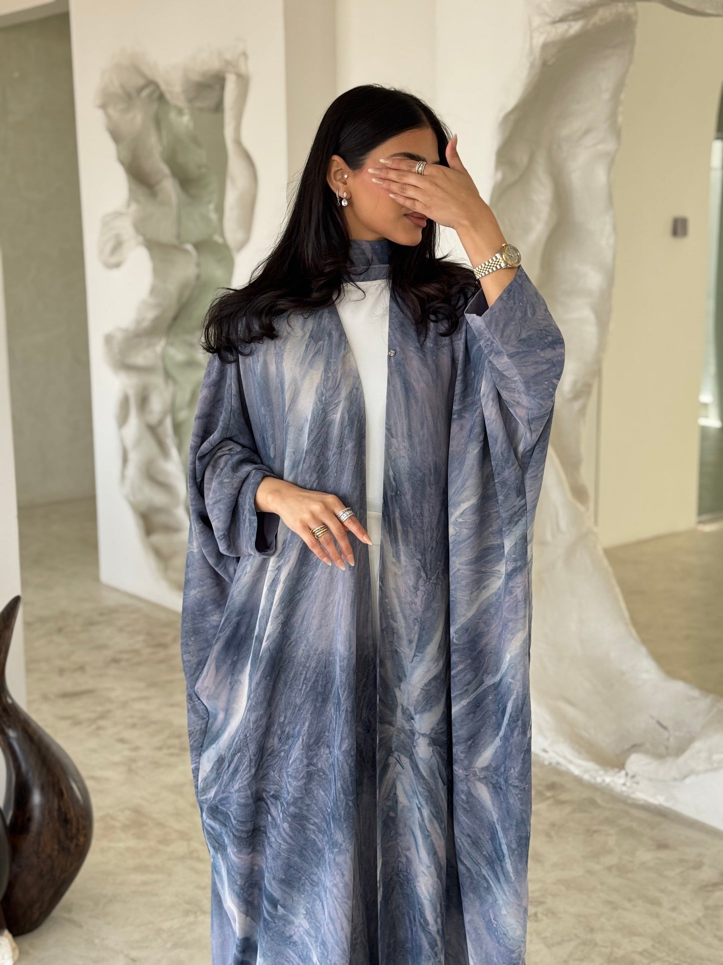 FAB176- Blue Shimmer Chiffon Bisht- Cut Summer Abaya with matching headscarf