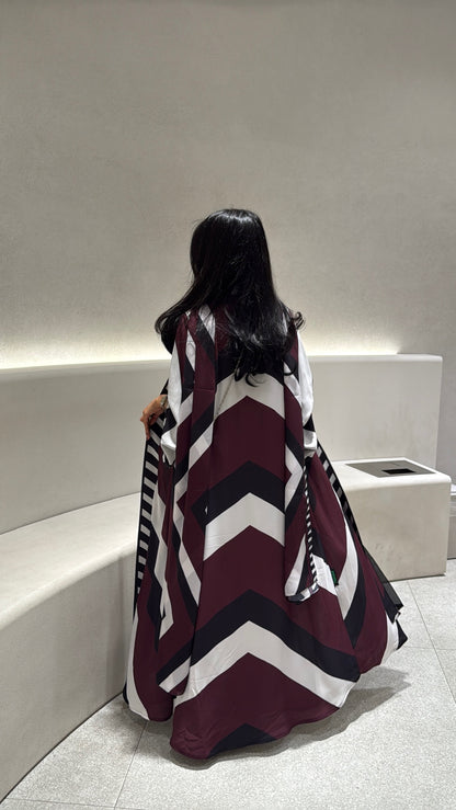 FAB302-Maroon & Black Printed Chiffon Silk A-Cut Abaya Set