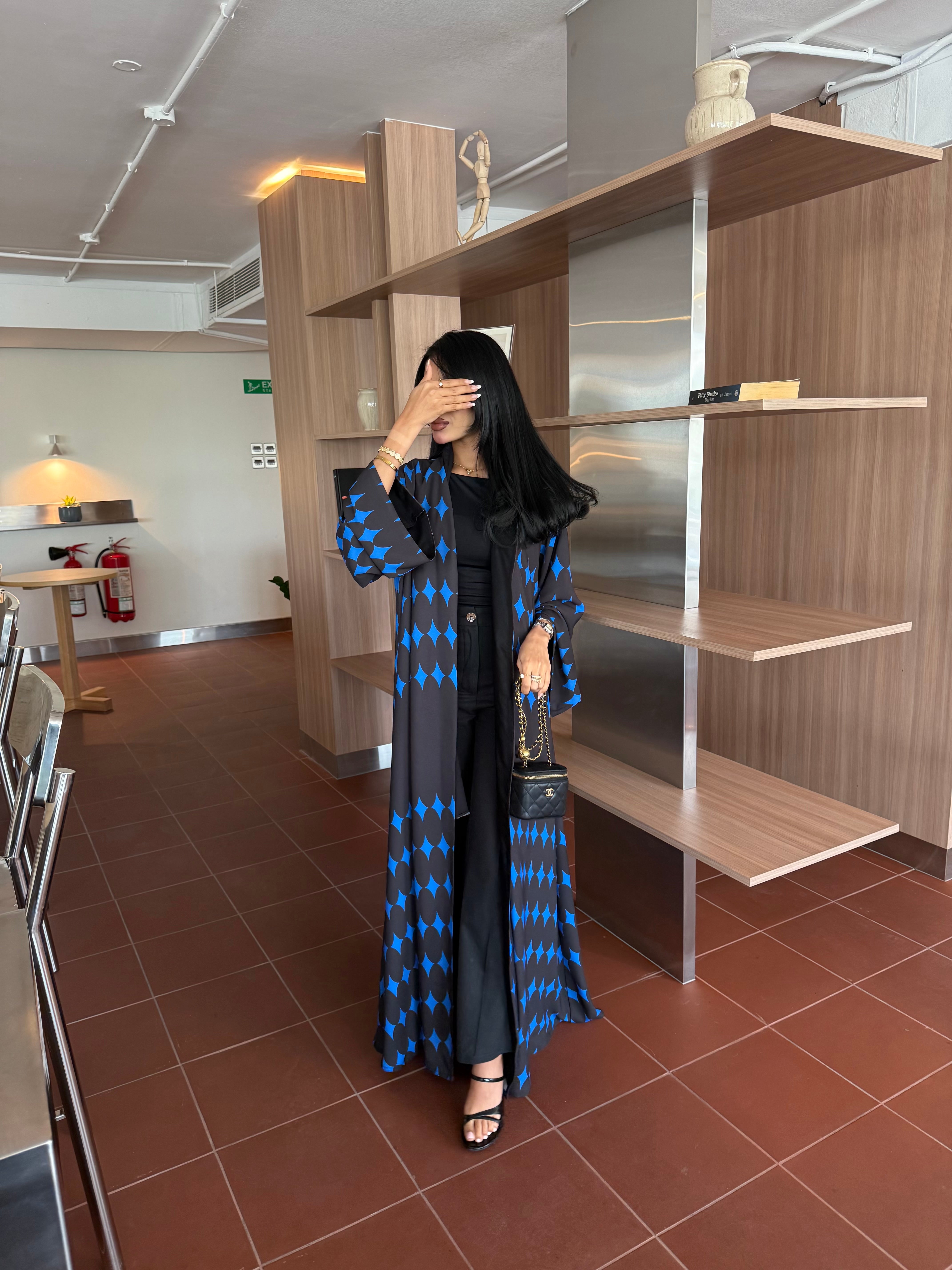 FAB336-Blue & Black Diamond Print Straight-Cut Abaya with Matching Headscarf