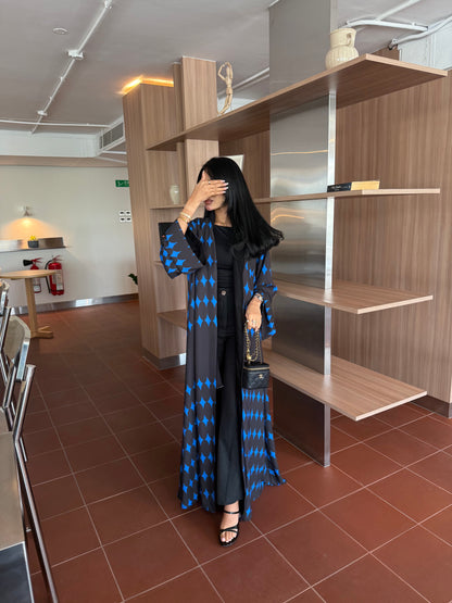 FAB336-Blue & Black Diamond Print Straight-Cut Abaya with Matching Headscarf
