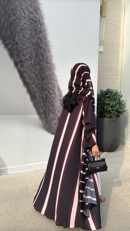 FAB304- Black/Maroon Striped Print Chiffon Silk A-Cut Abaya Set