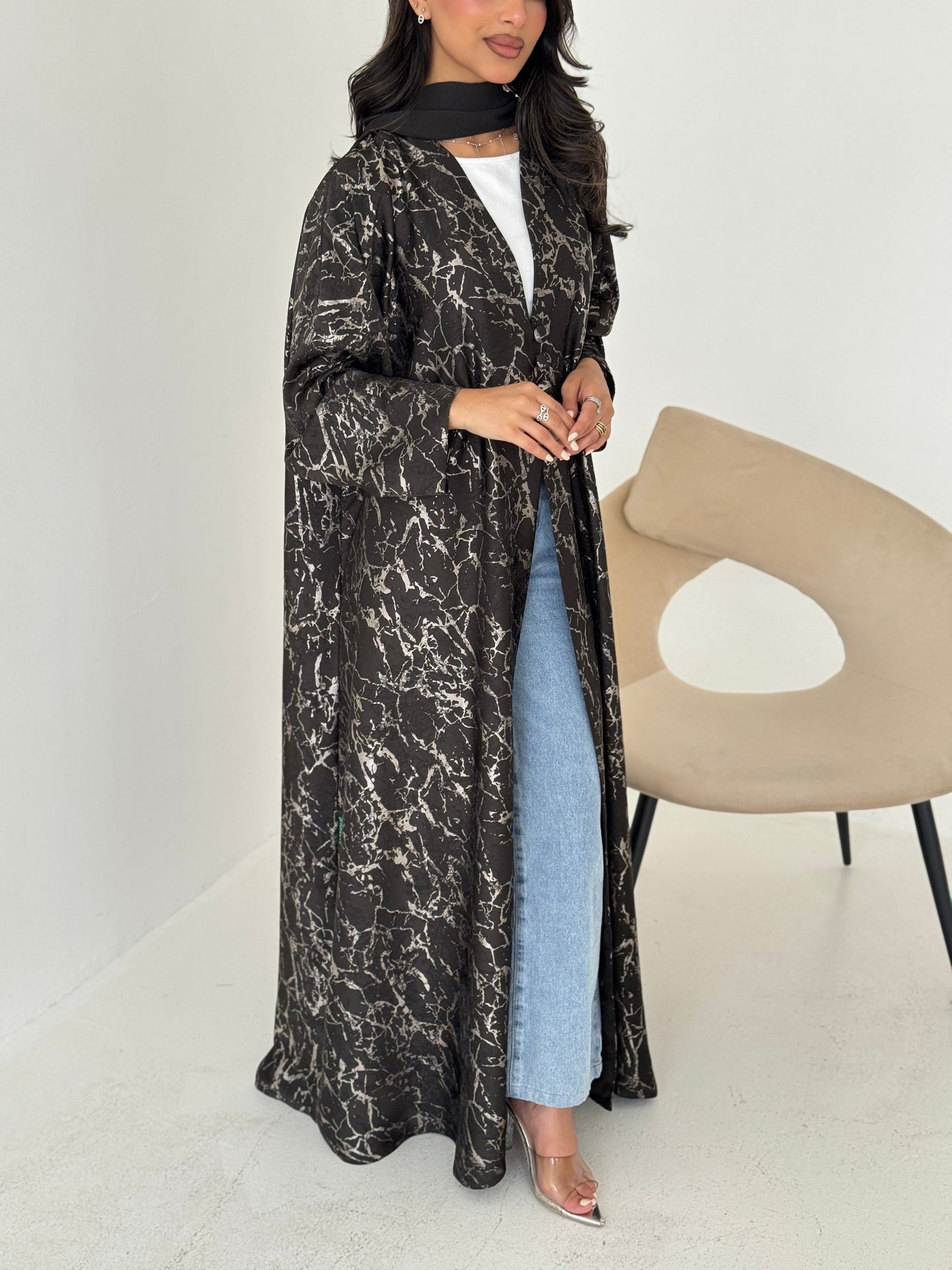 FAB208-Elegant Olive Grey Metallic Crepe Silk A-Cut Abaya with headscarf