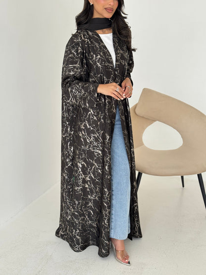 FAB208-Olive Grey Metallic Crepe Silk A-Cut Abaya with headscarf