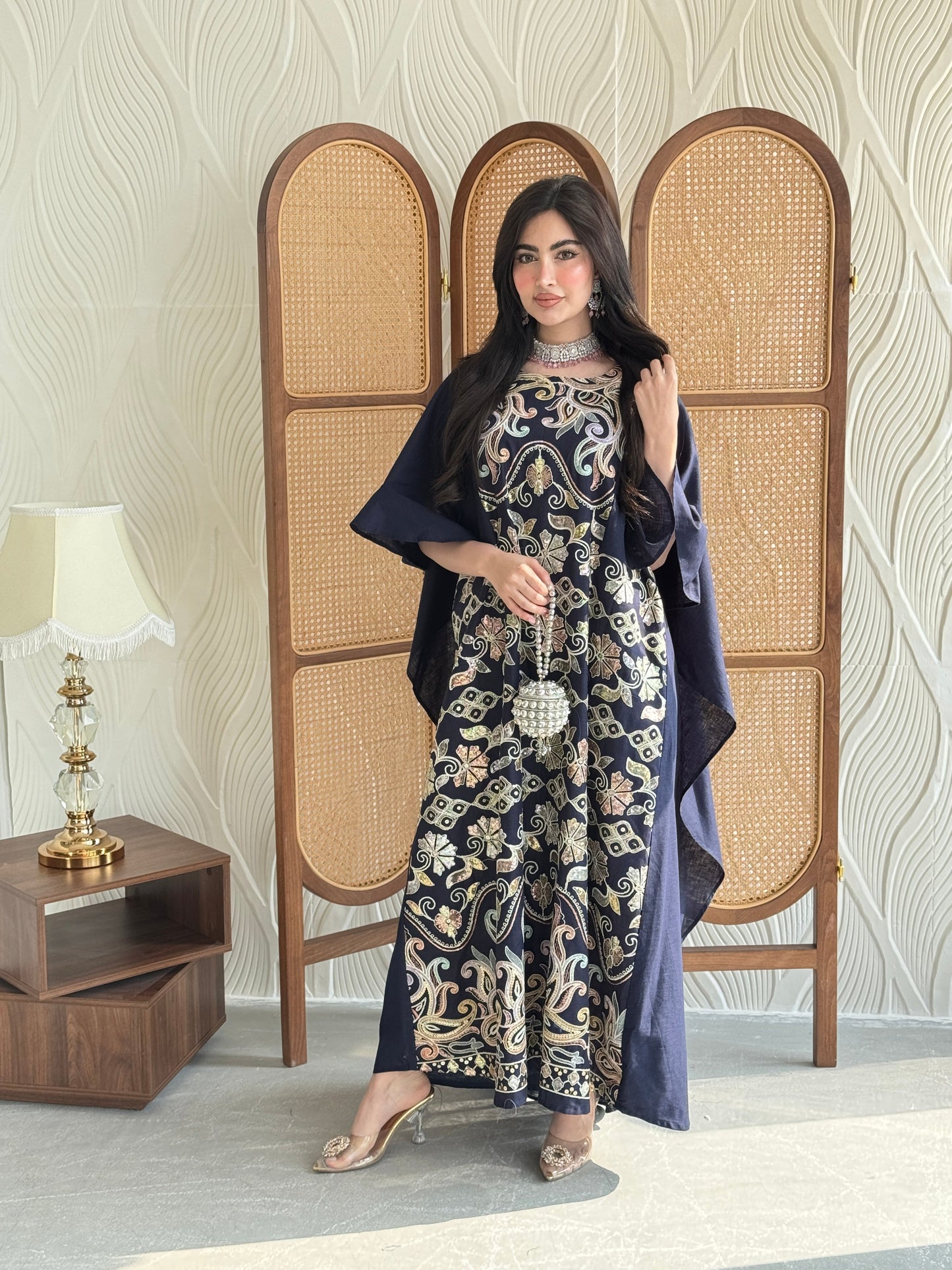 FAB268- Navy Elegant linen jalabiya with multicolor embroidery and a flowing cape cut