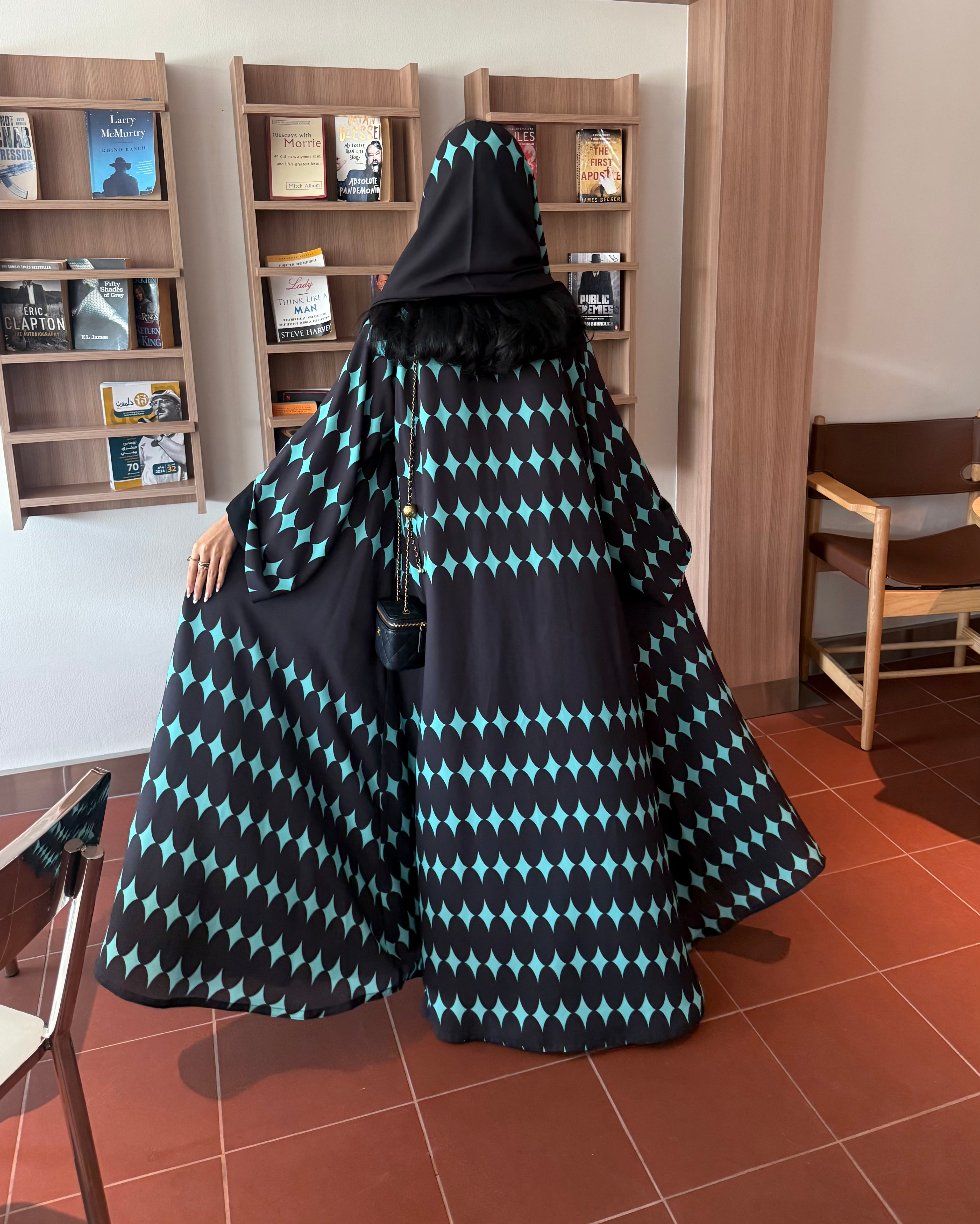 FAB333-Turquoise & Black Diamond Print Straight-Cut Abaya with Matching Headscarf