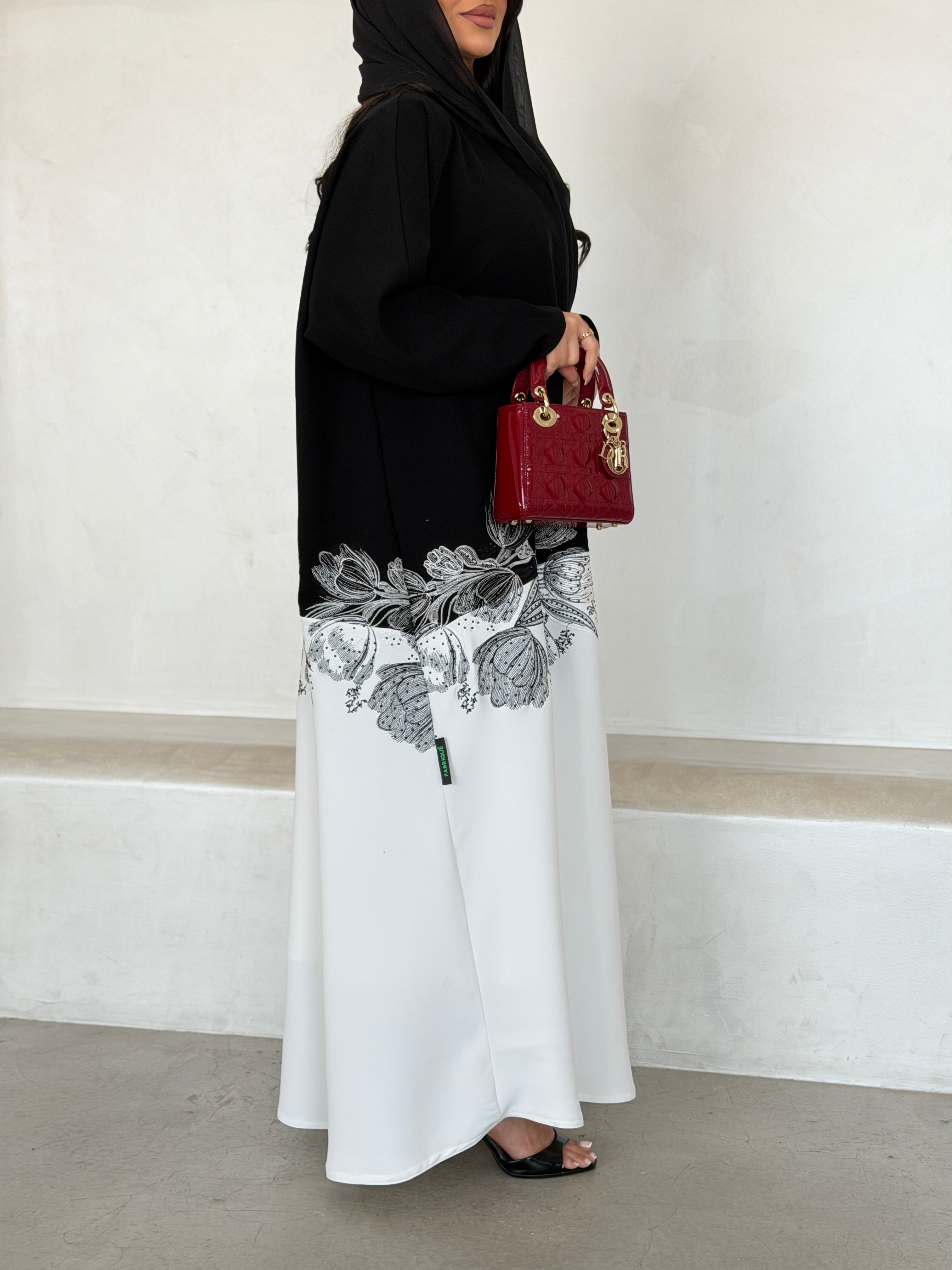 FAB292- Black & White Crepe Crystal Embroidered Abaya