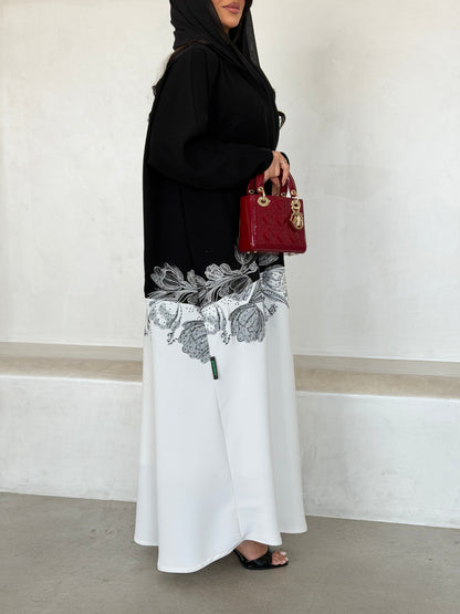 FAB292- Black & White Crepe Crystal Embroidered Abaya