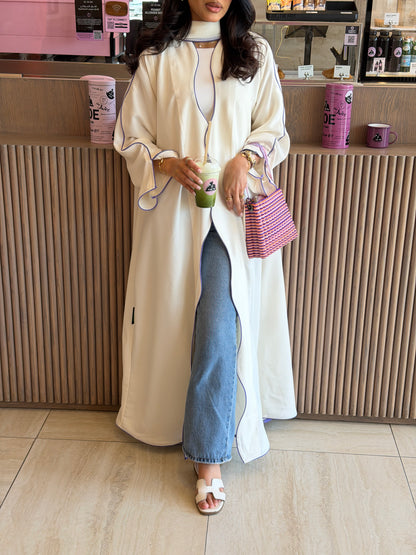 FAB317- White crepe swirl-cut abaya with purple piping abaya and headscarf