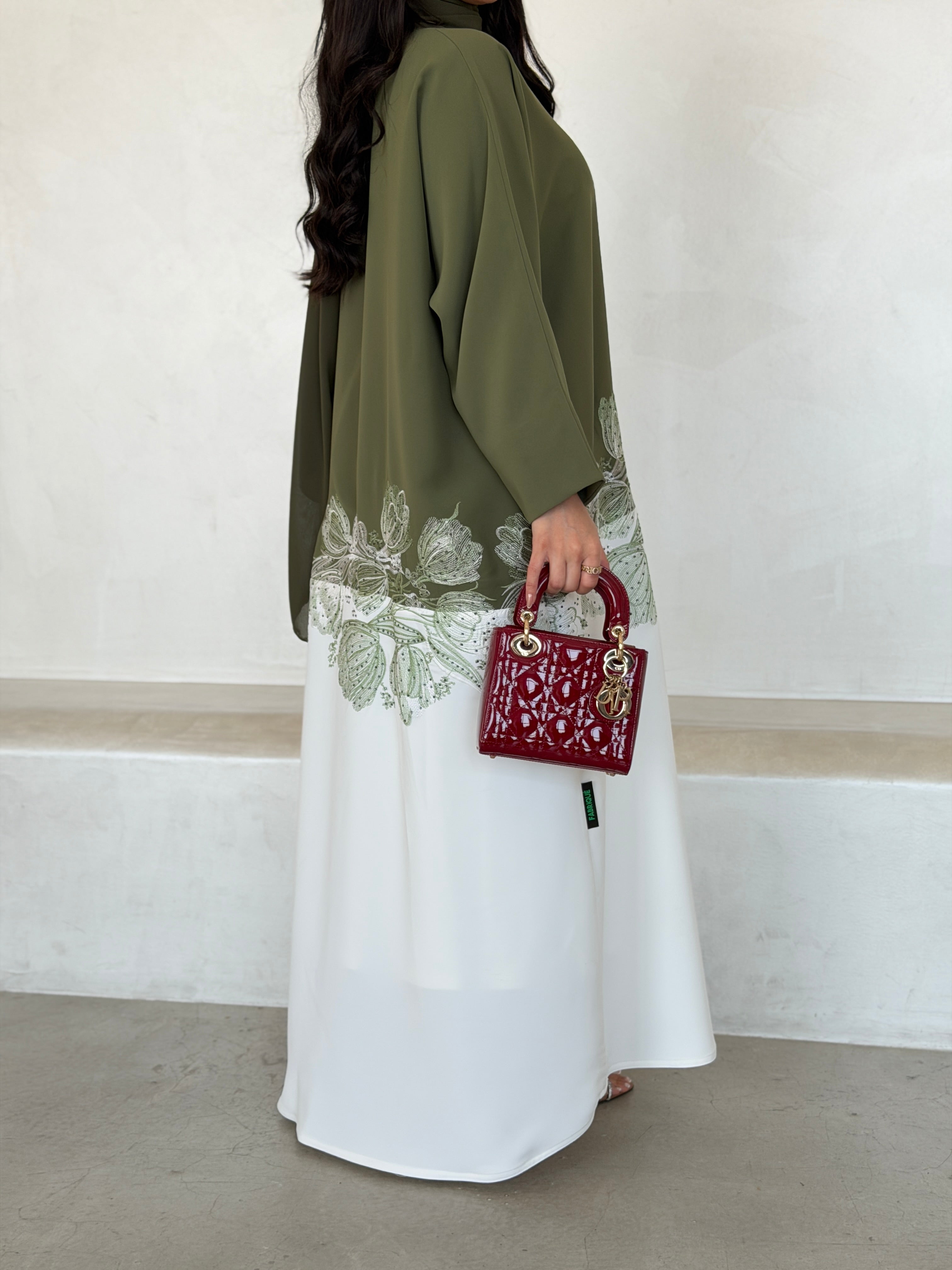 FAB294- Light Green & White Crepe Crystal Embroidered Abaya