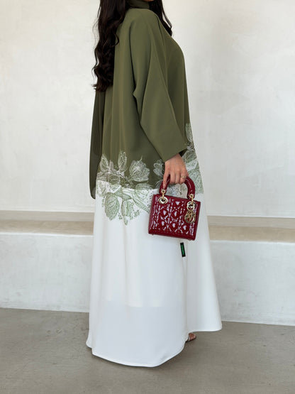 FAB294- Light Green & White Crepe Crystal Embroidered Abaya
