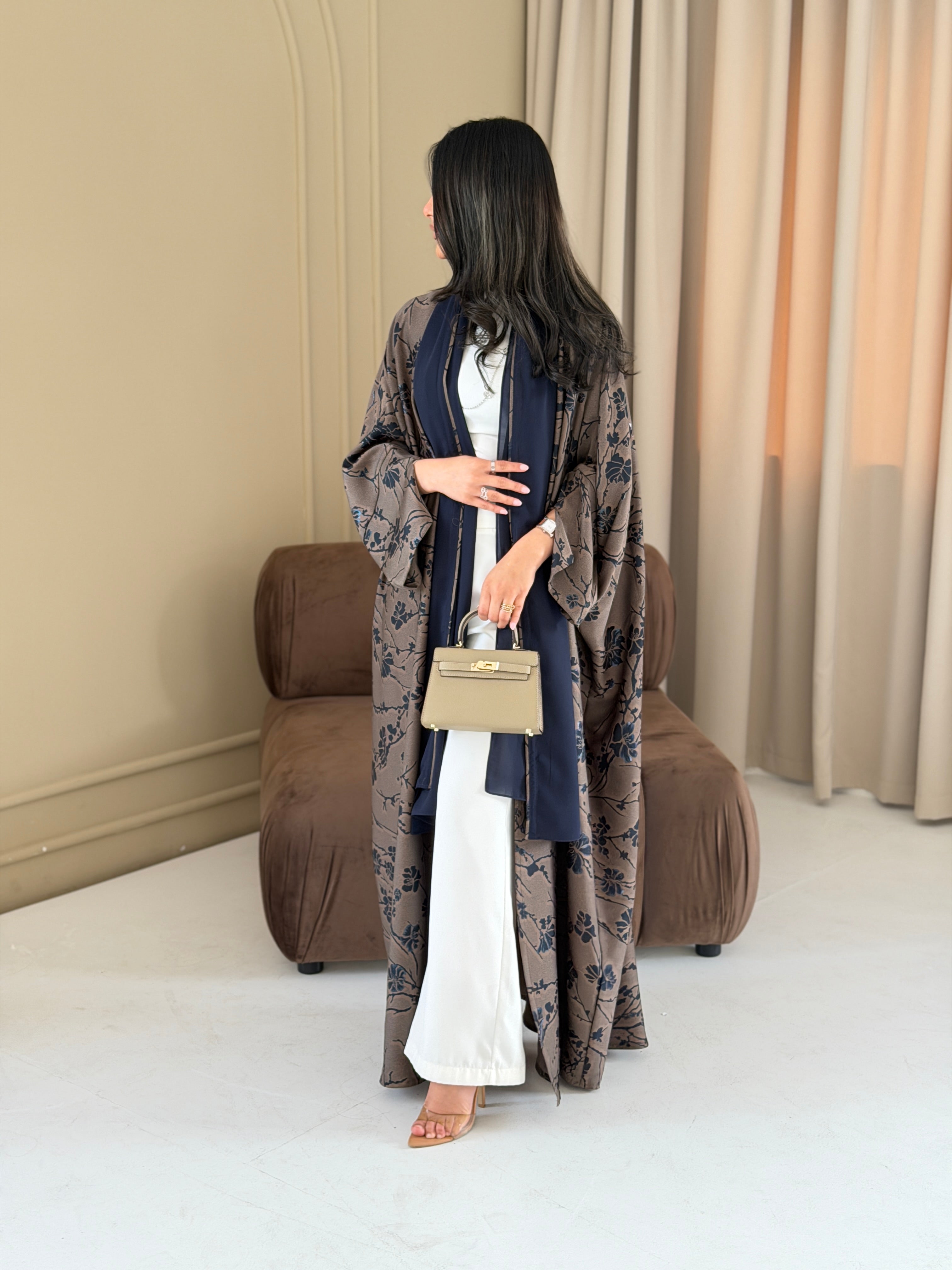 FAB283-Brown Floral Print Half Bisbt Abaya with pipping headscarf