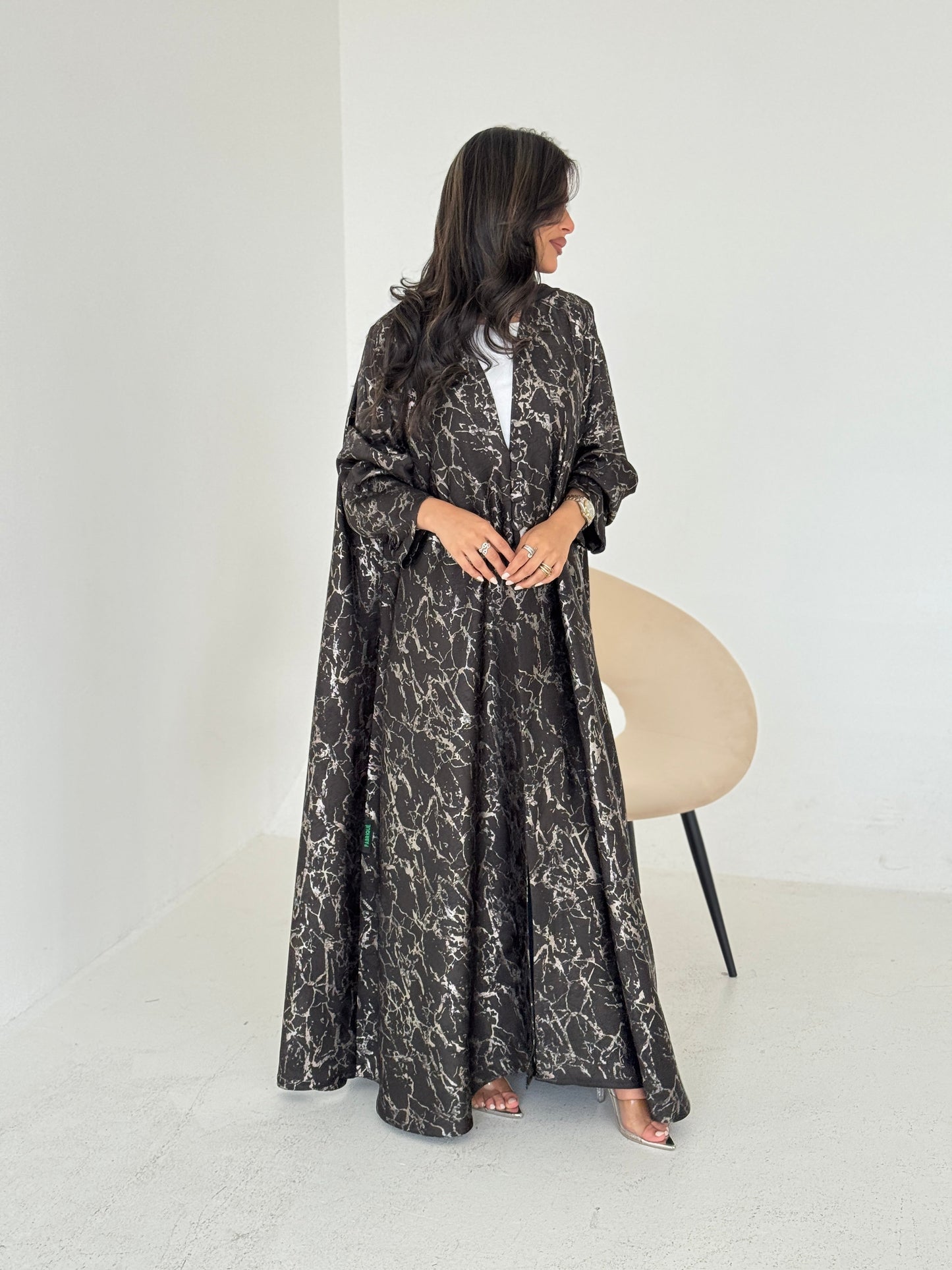 FAB208-Elegant Olive Grey Metallic Crepe Silk A-Cut Abaya with headscarf