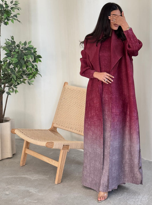 FAB129-Burgundy Ombre Abaya Set with headscarf