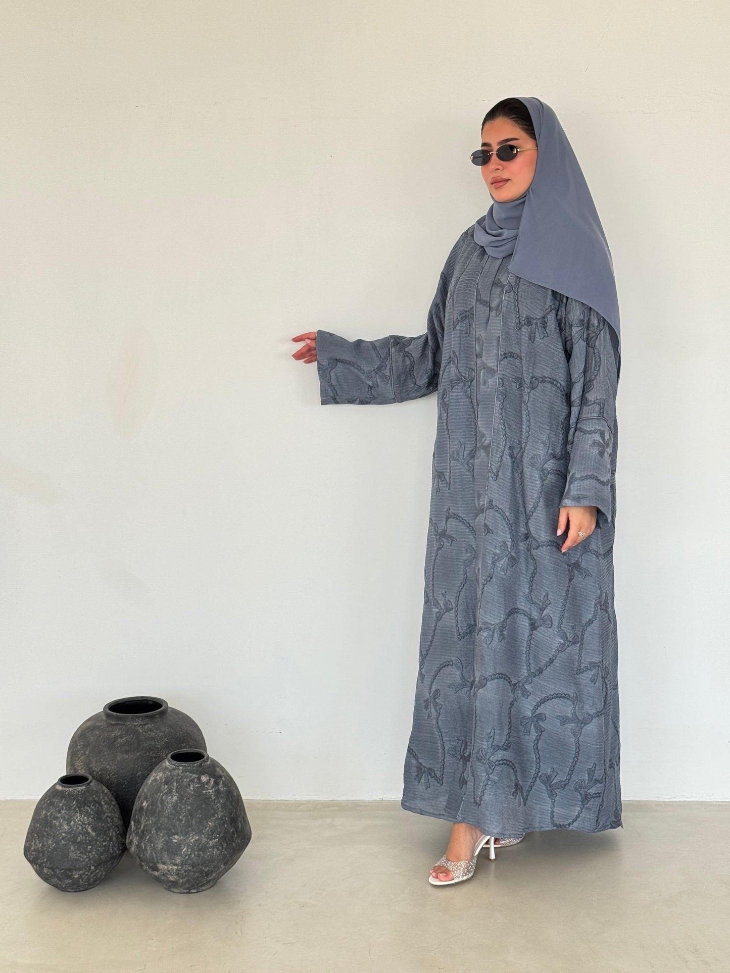 FAB218- Blue Ribbon Embroidery Linen Abaya with headscarf