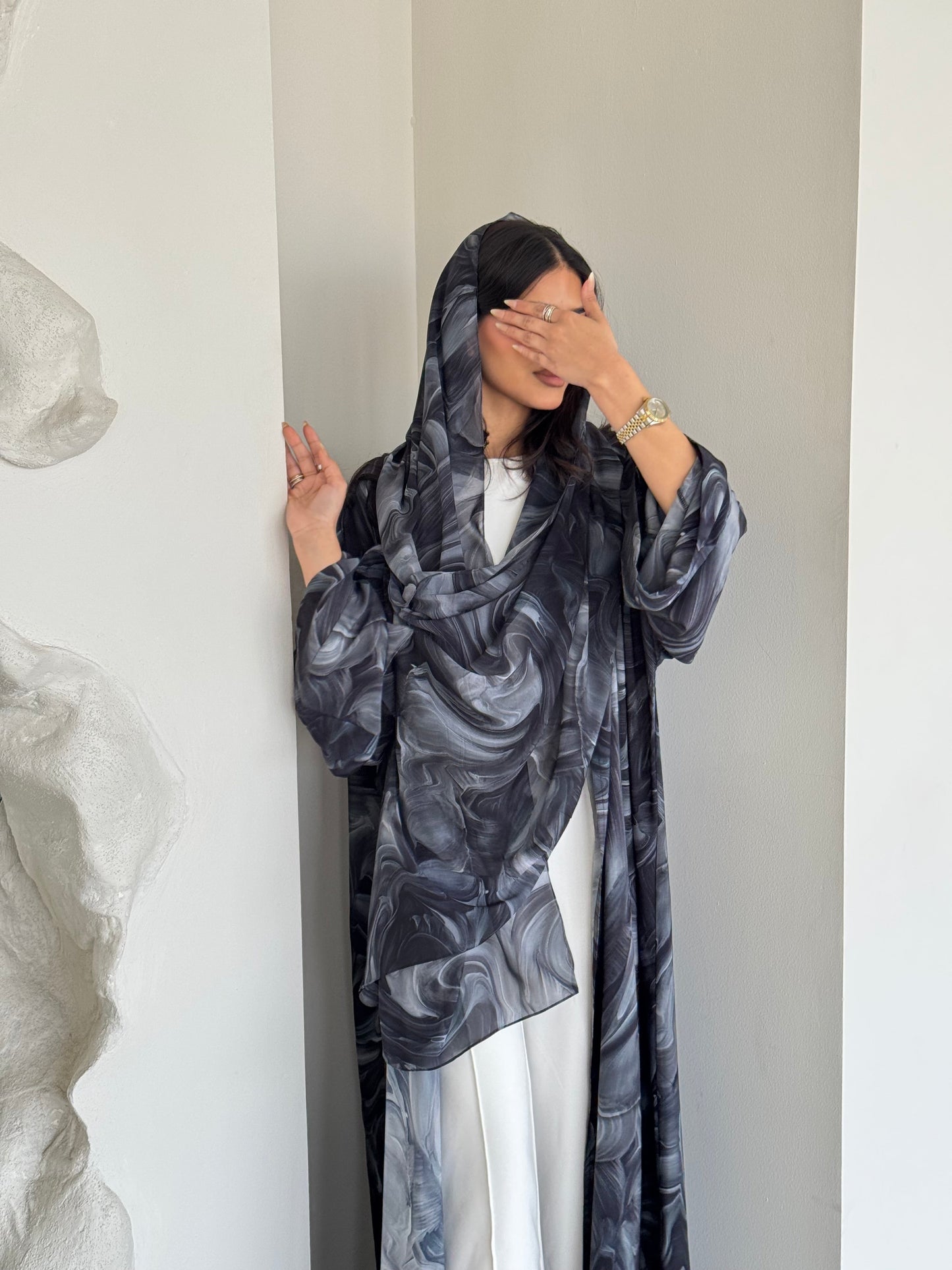 FAB173- Blue Grey Pattern Crepe Summer Abaya with matching headscarf