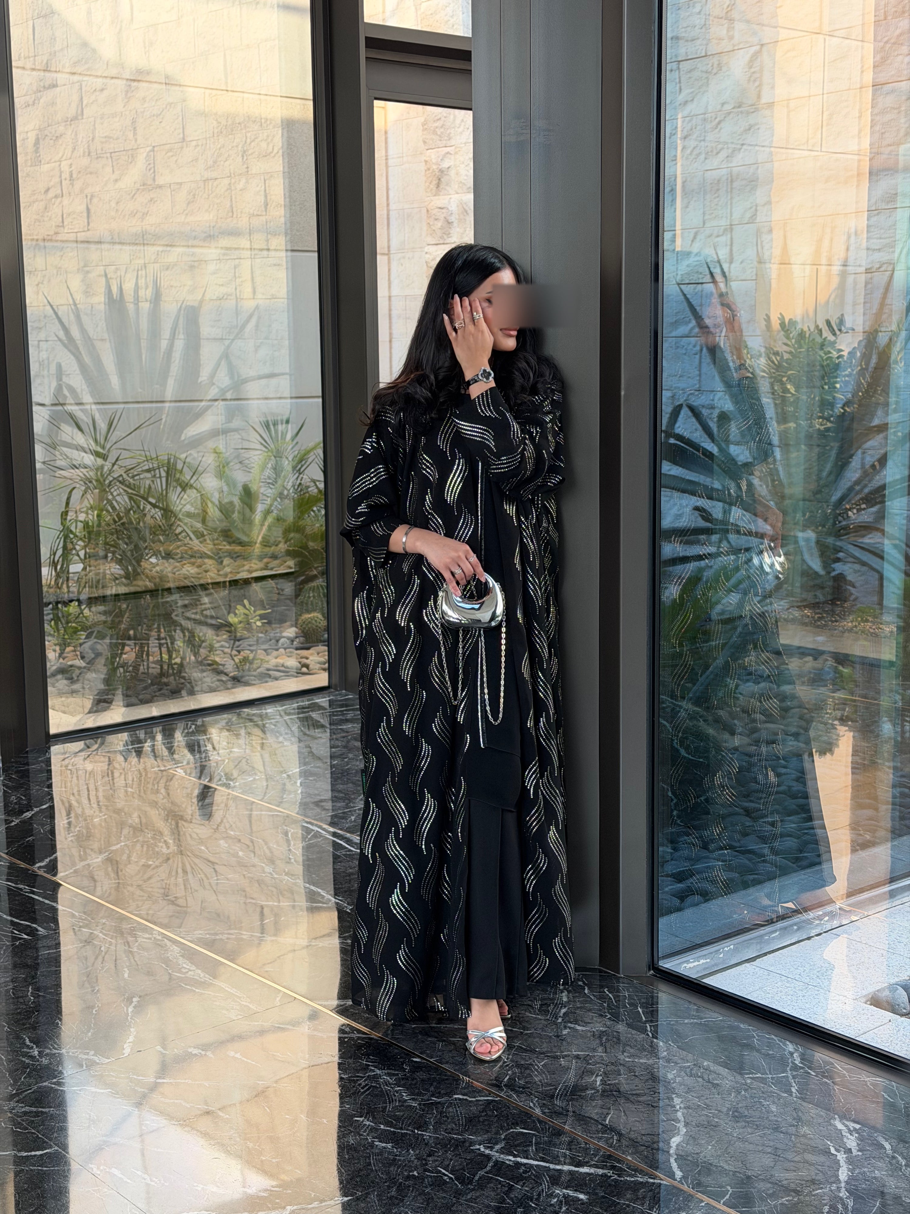 FAB339 – Elegant Black Chiffon Abaya with Silver Naqda Embroidery, Half-Bisht Cut & Matching Headscarf