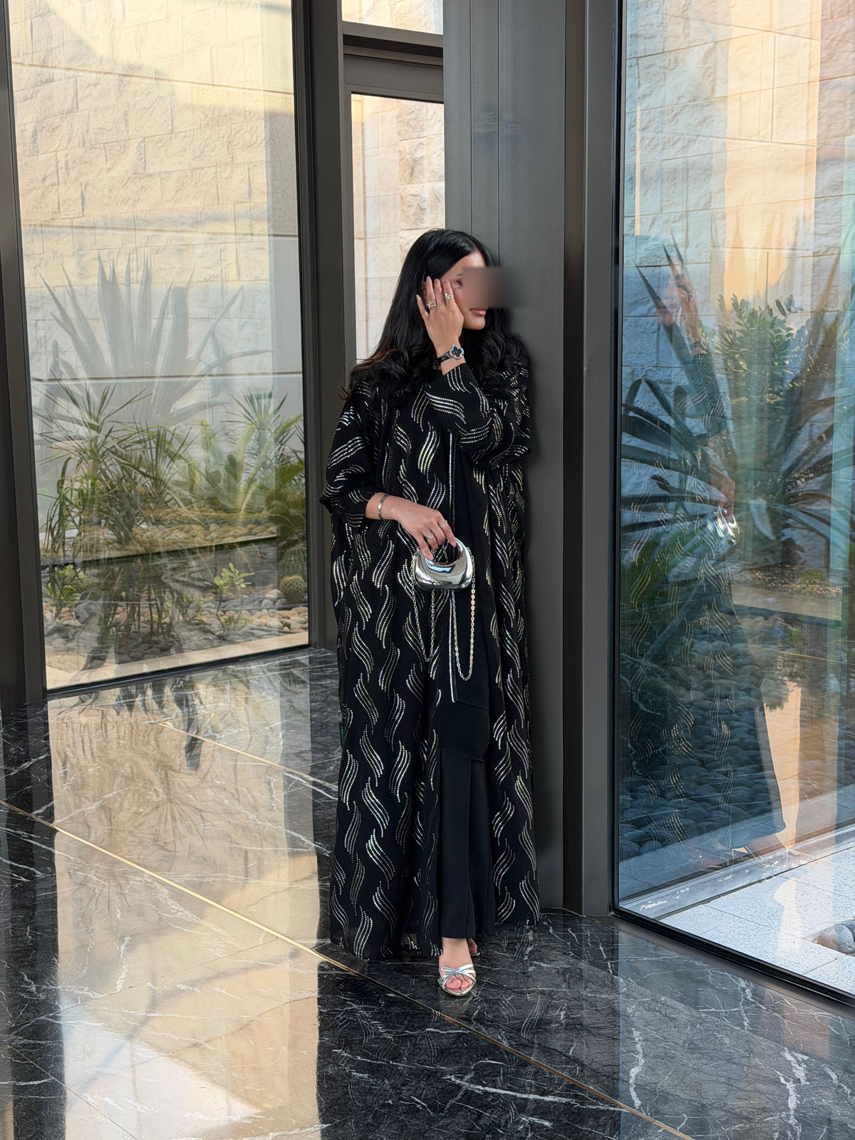 FAB339 – Elegant Black Chiffon Abaya with Silver Naqda Embroidery, Half-Bisht Cut & Matching Headscarf
