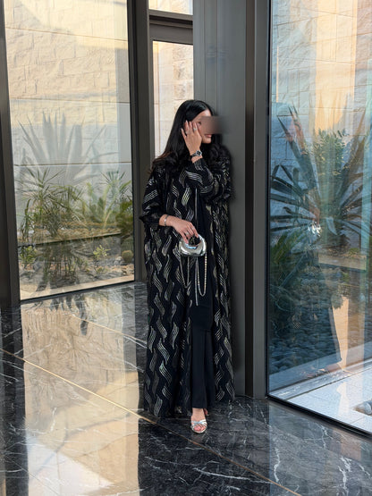 FAB339 – Elegant Black Chiffon Abaya with Silver Naqda Embroidery, Half-Bisht Cut & Matching Headscarf
