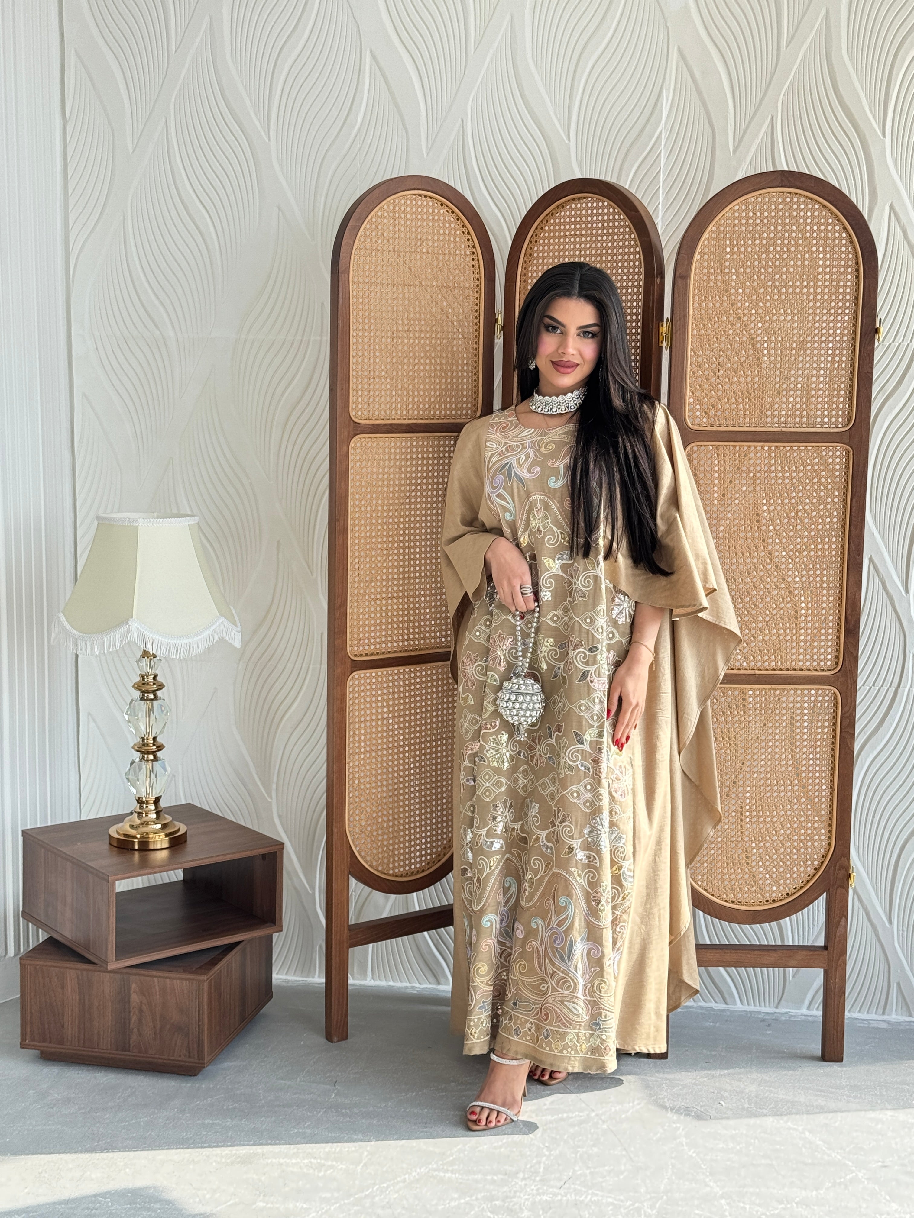 FAB269- Beige Elegant linen jalabiya with multicolor embroidery and a flowing cape cut