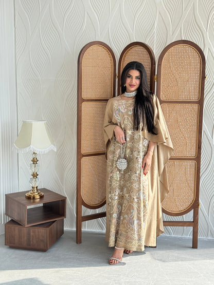 FAB269- Beige Elegant linen jalabiya with multicolor embroidery and a flowing cape cut