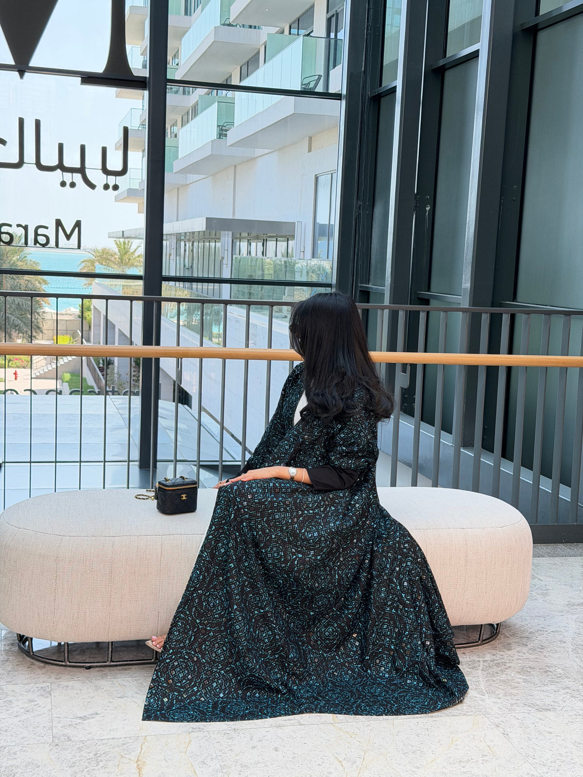 FAB341-Black Green Embroidery Half-Bisht Cut Abaya with Fitted Black Stretch Sleeves and matching headscarf