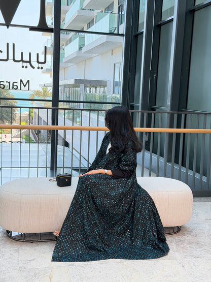 FAB341-Black Green Embroidery Half-Bisht Cut Abaya with Fitted Black Stretch Sleeves and matching headscarf