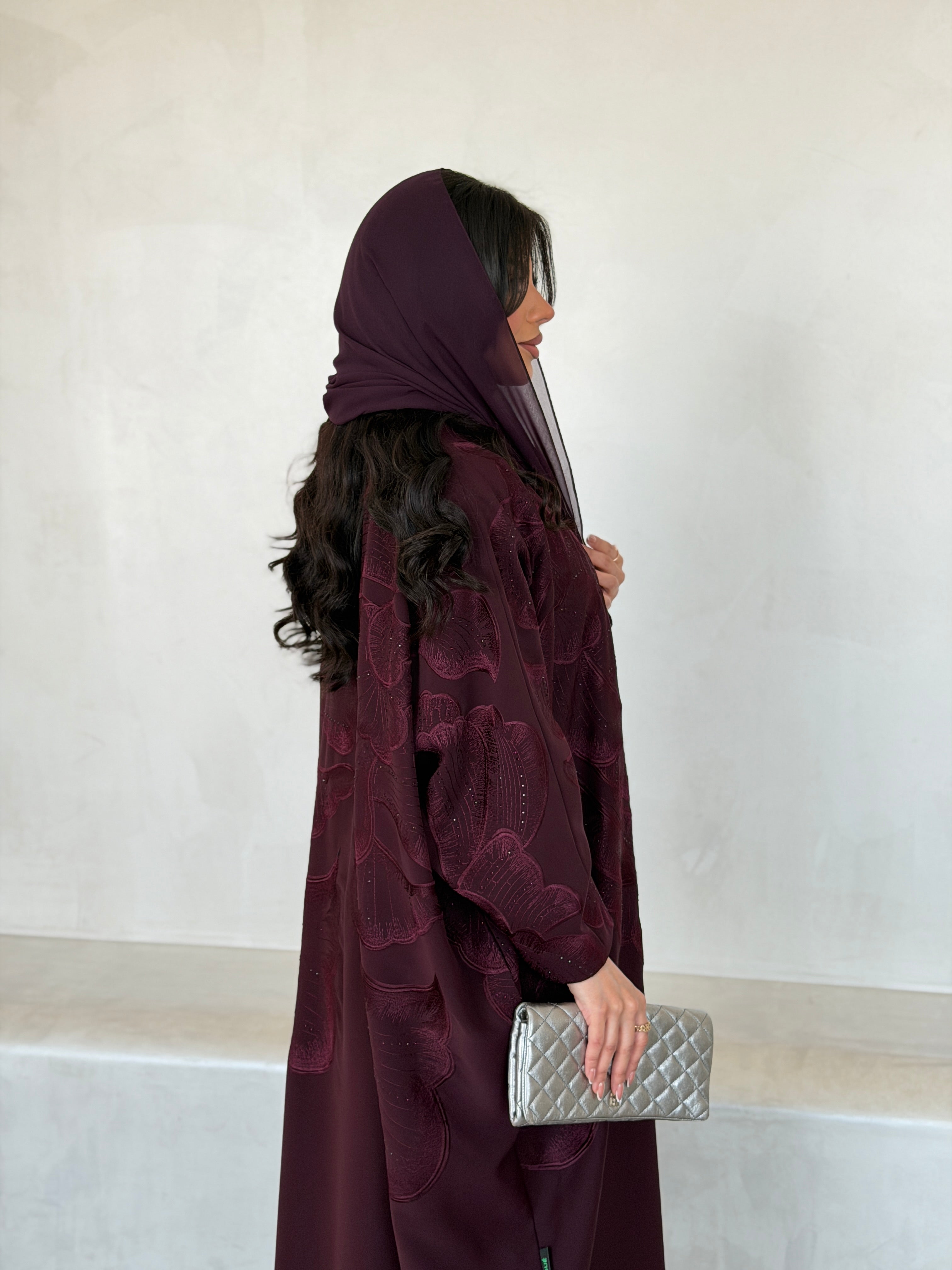FAB297- Burgundy Crystal Embroidered Half Bisht Cut Crepe Abaya