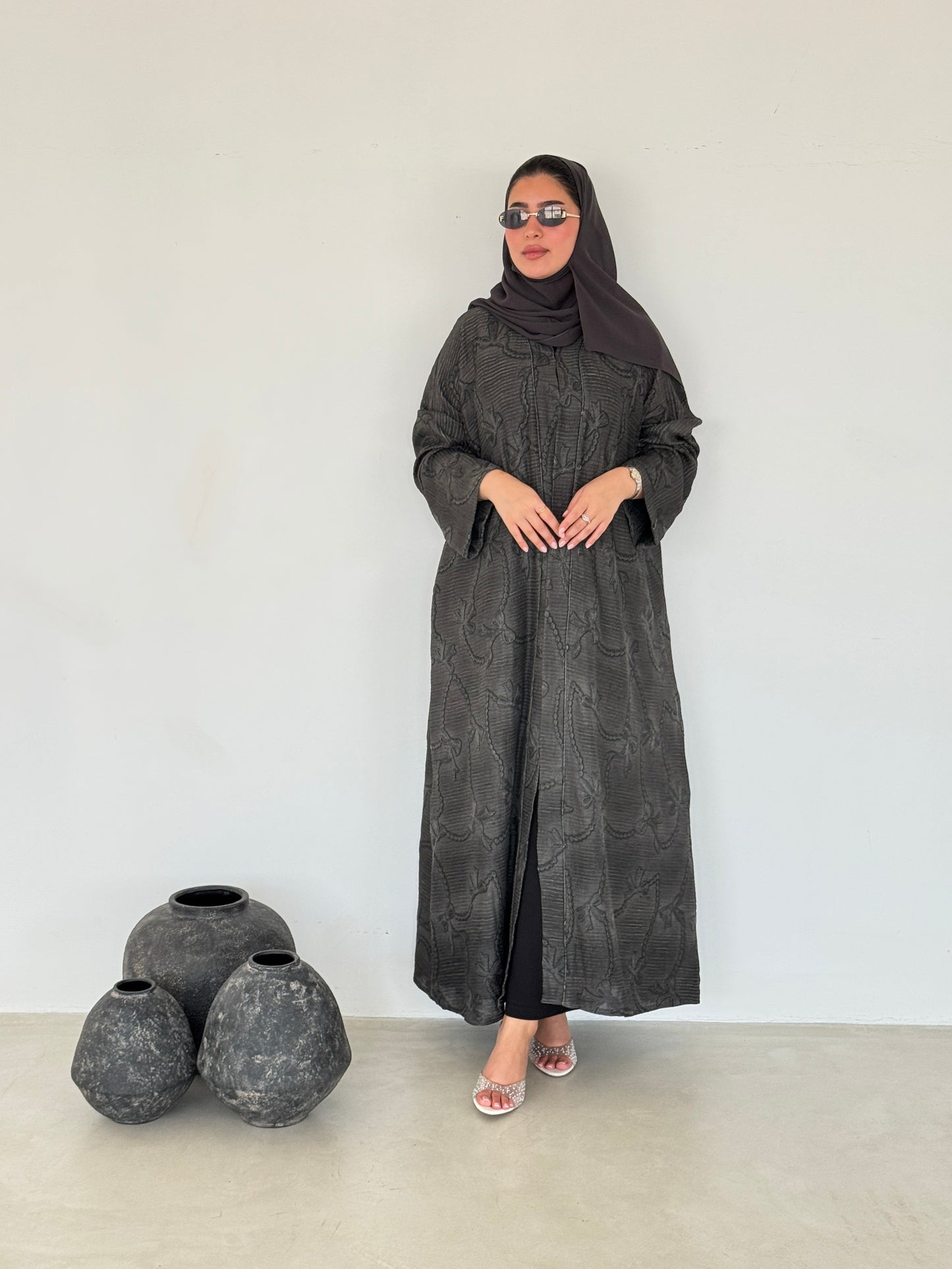 FAB220-Black Grey Ribbon Embroidery Linen Abaya with headscarf