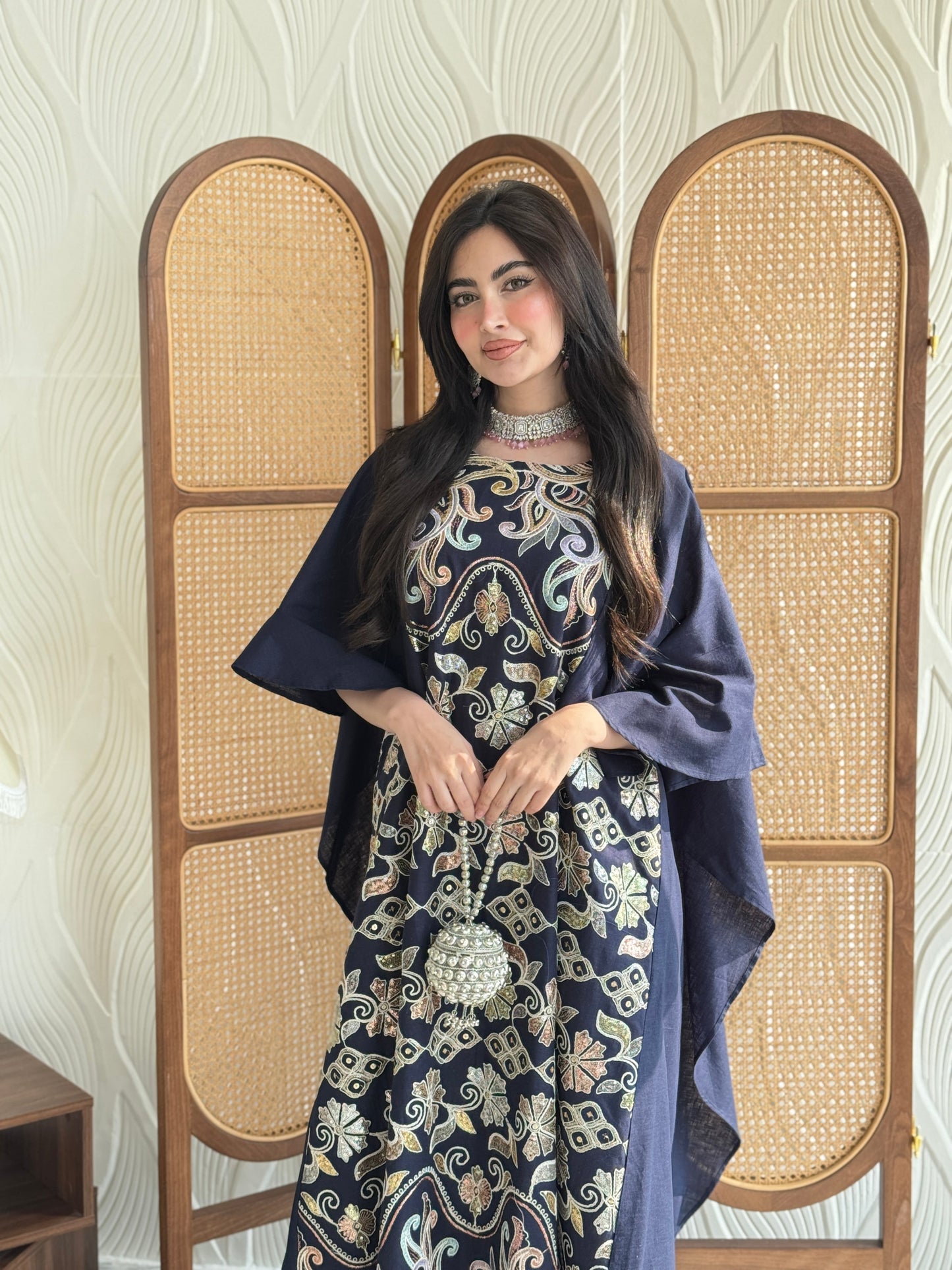 FAB268- Navy Elegant linen jalabiya with multicolor embroidery and a flowing cape cut