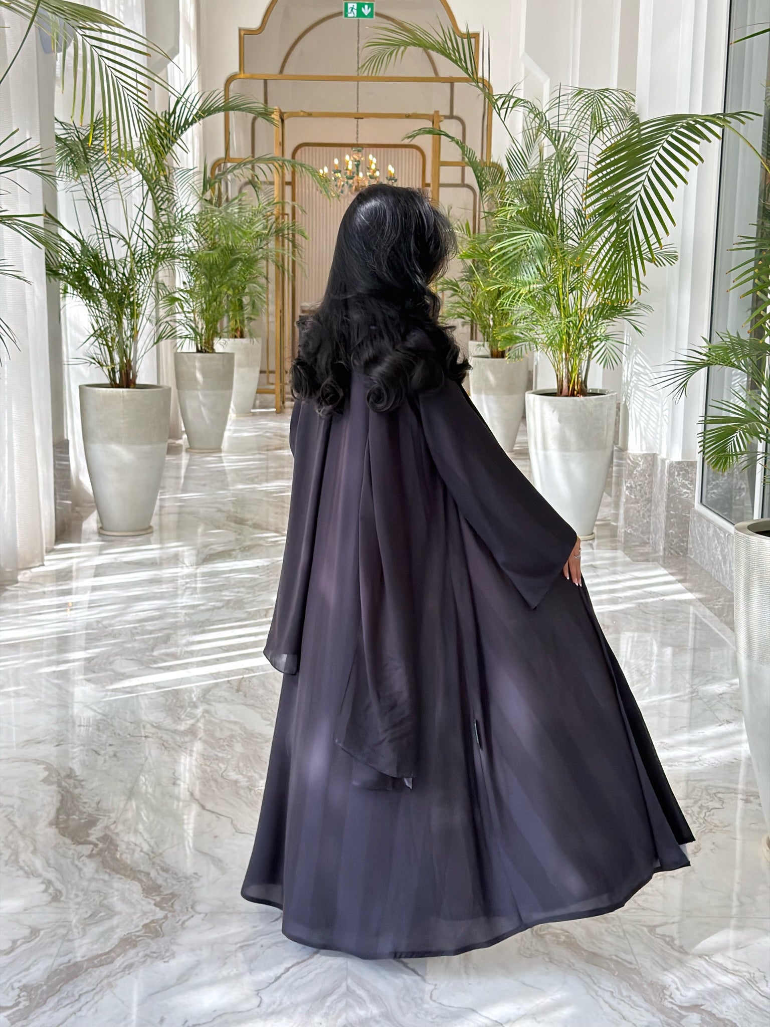 FAB332-Black Basic Light Stripped Printed Klosh Abaya Set