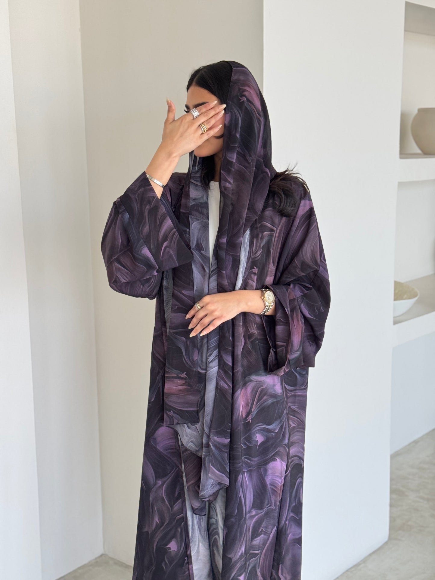 FAB171- Purple Pattern Crepe Summer Abaya with matching headscarf