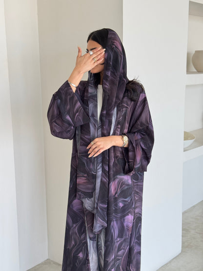 FAB171- Purple Pattern Crepe Summer Abaya with matching headscarf