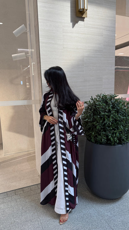 FAB302-Maroon & Black Printed Chiffon Silk A-Cut Abaya Set