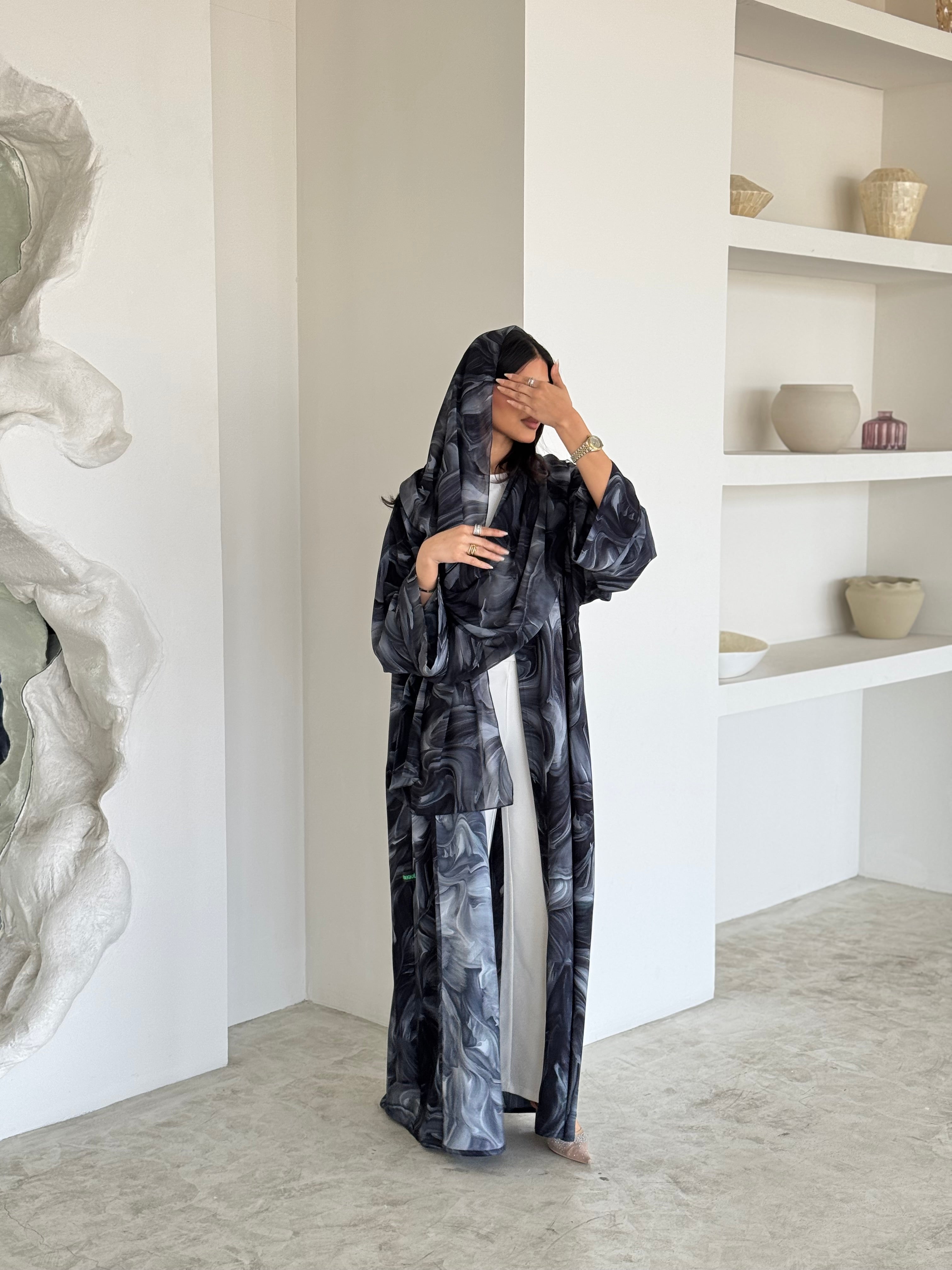 FAB173- Blue Grey Pattern Crepe Summer Abaya with matching headscarf