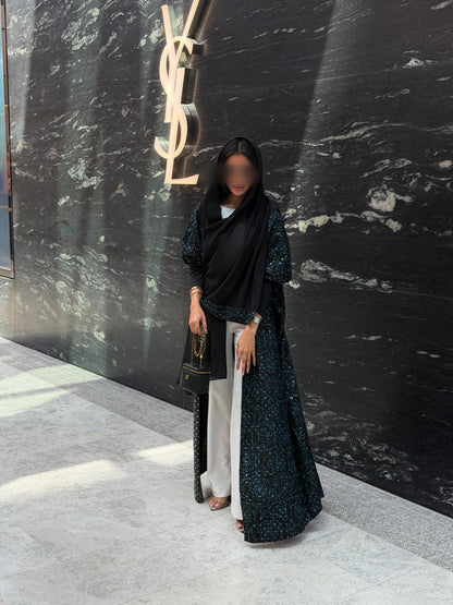 FAB341-Black Green Embroidery Half-Bisht Cut Abaya with Fitted Black Stretch Sleeves and matching headscarf
