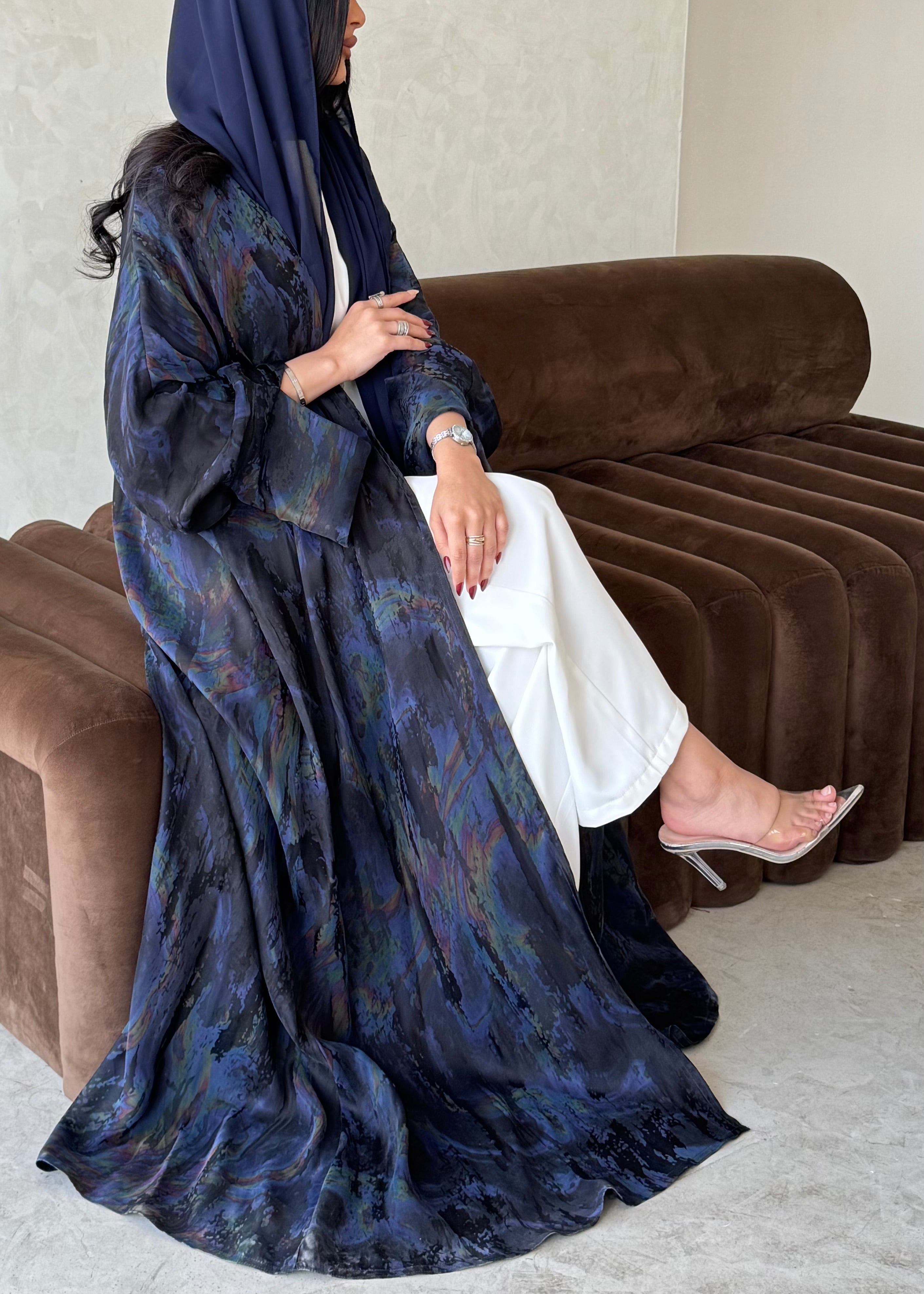 FAB156- Blue Swirl Marble Jacquard A-Cut Abaya