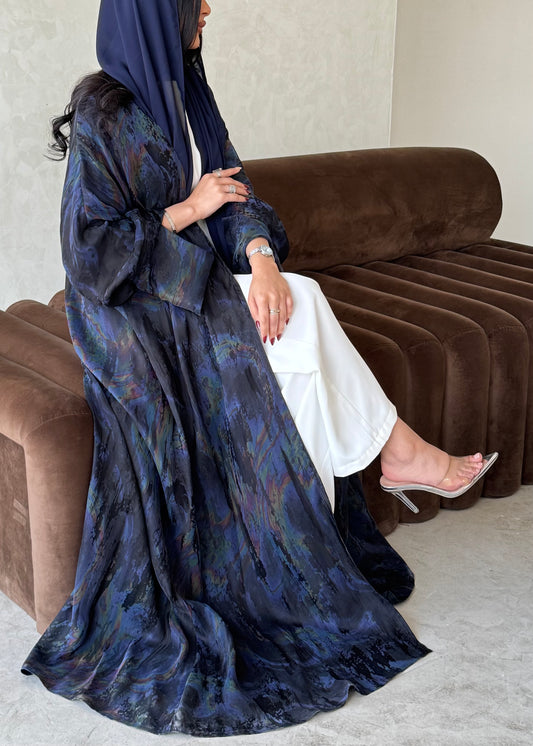 FAB156- Blue Swirl Marble Jacquard A-Cut Abaya