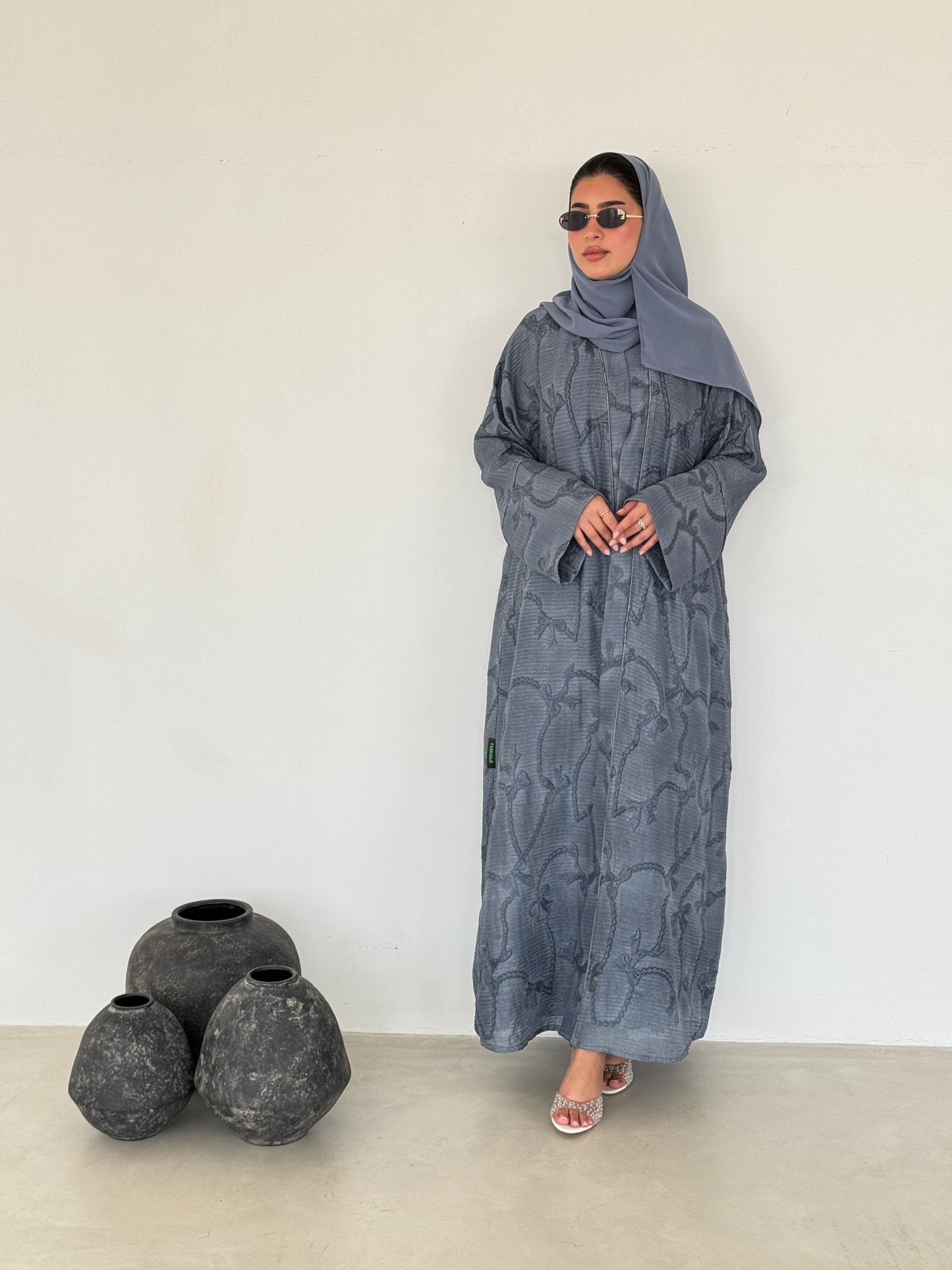 FAB218- Blue Ribbon Embroidery Linen Abaya with headscarf
