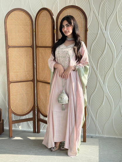 FAB256- Pink and Green Two-sided embroidered Linen butterfly cut jalabiya