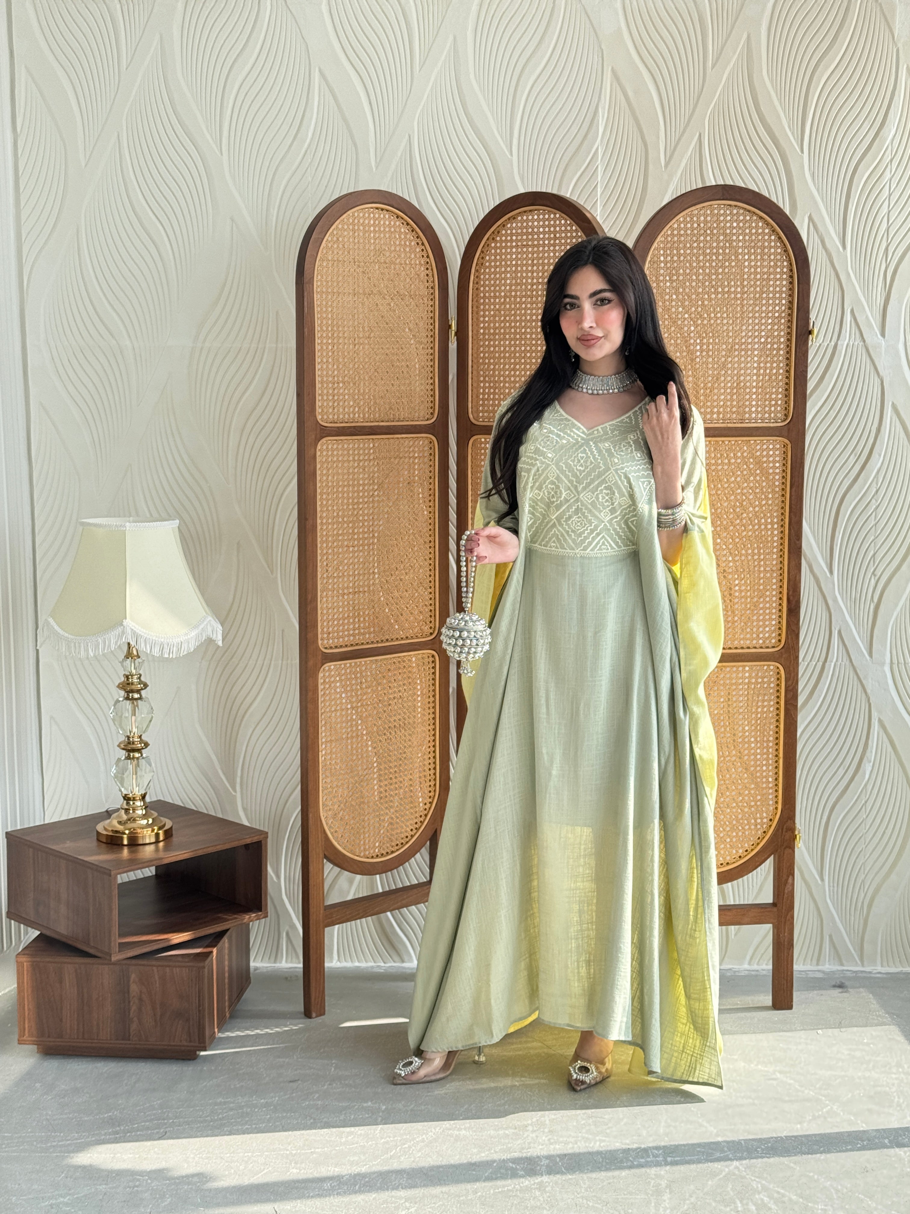 FAB254- Light Green and Yellow Two-sided embroidered Linen butterfly cut jalabiya