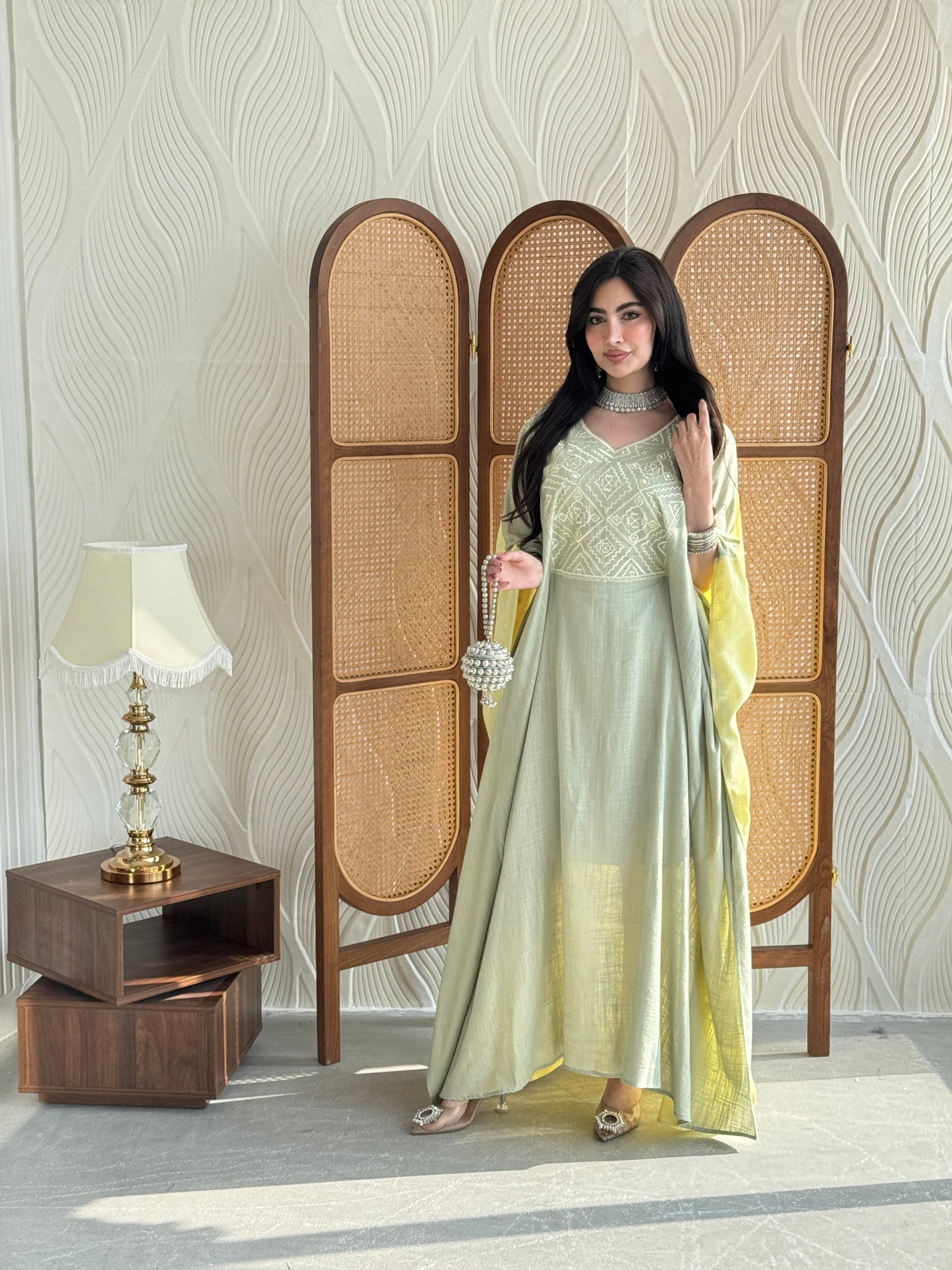 FAB254- Light Green and Yellow Two-sided embroidered Linen butterfly cut jalabiya